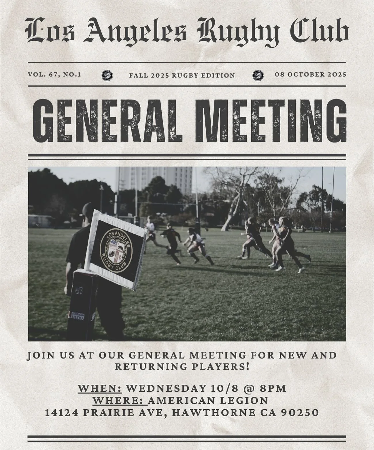 📣📣 Calling all NEW and returning players! It&rsquo;s that time of the year again! 

Men and Women, join us at our Annual General Meeting next Wednesday 10/8 at 8pm. 

Where: American Legion 14124 Prairie Ave, Hawthorne 90250

Parking - small lot on