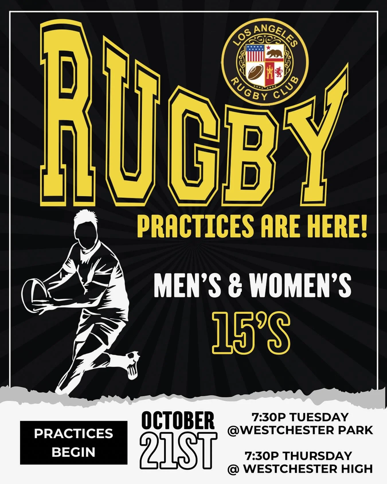 📣📣📣 15s is back in action! Join the Men&rsquo;s and Women&rsquo;s team for training next week. 

When: October 21st at 7:30pm
Where: Tuesdays at Westchester Park, Thursdays at Westchester High School 

Questions? Send us a DM! #LAMob

#LArugby #lo