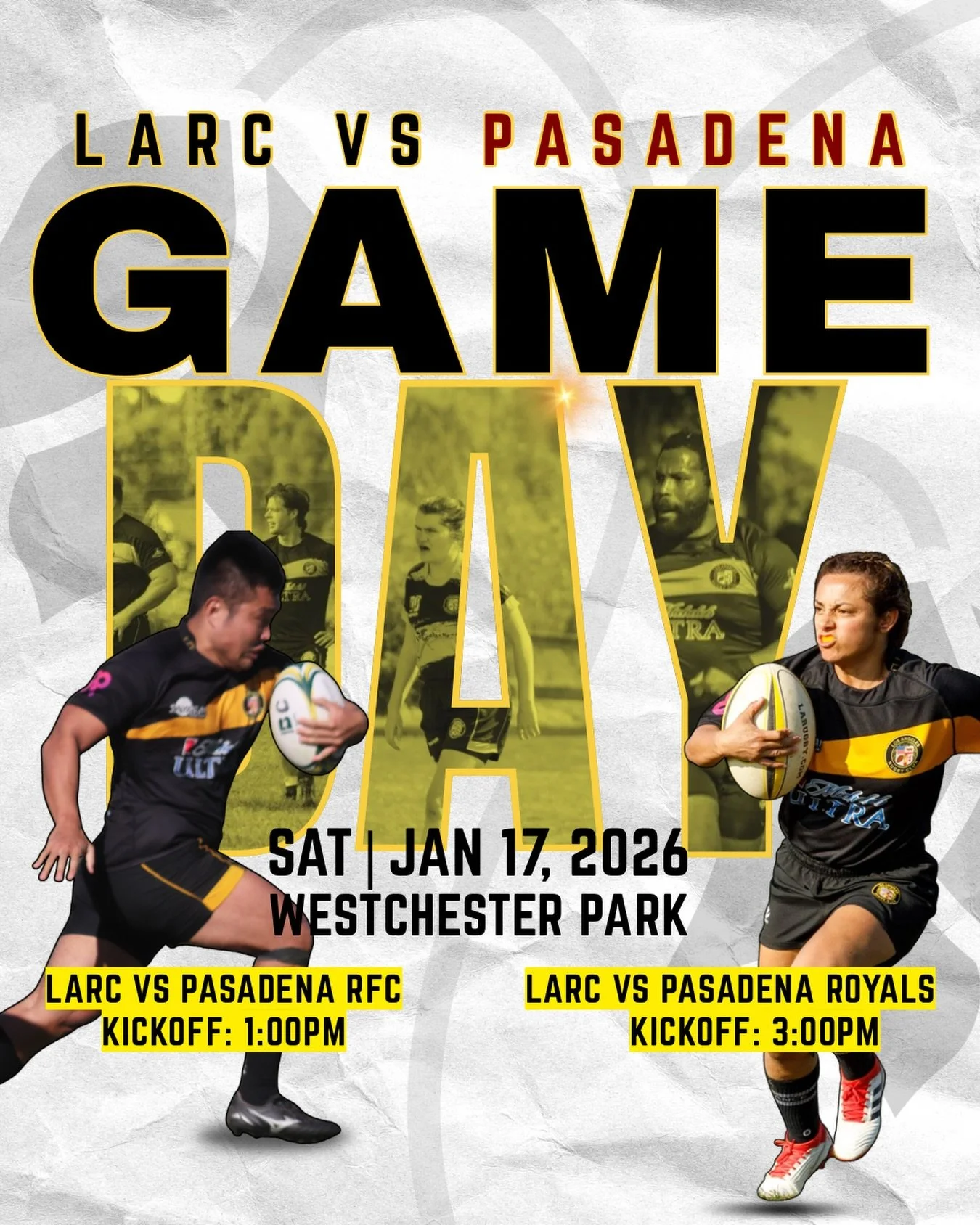 🗣️HOME OPENER!

This Saturday is our home opener against Pasadena RFC &amp; Pasadena Royals! 
📍Westchester Park
⏰Men&rsquo;s Kickoff: 1:00pm
⏰Women&rsquo;s Kickoff: 3:00pm

Come on down to Westchester Park and join us for the first home game of the