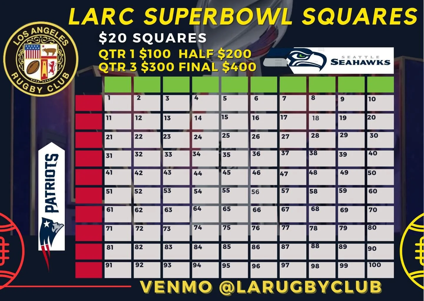 🏈Super Bowl XL is on the horizon! 

🗓️Support LARC&rsquo;s fundraiser and purchase your squares by Friday 2/6/26. 

🤔How?
✅Venmo: LARugbyClub
✅DM us a screenshot of payment and your square(s) of choice 
✅ Winners will be announced on Super Bowl Ga