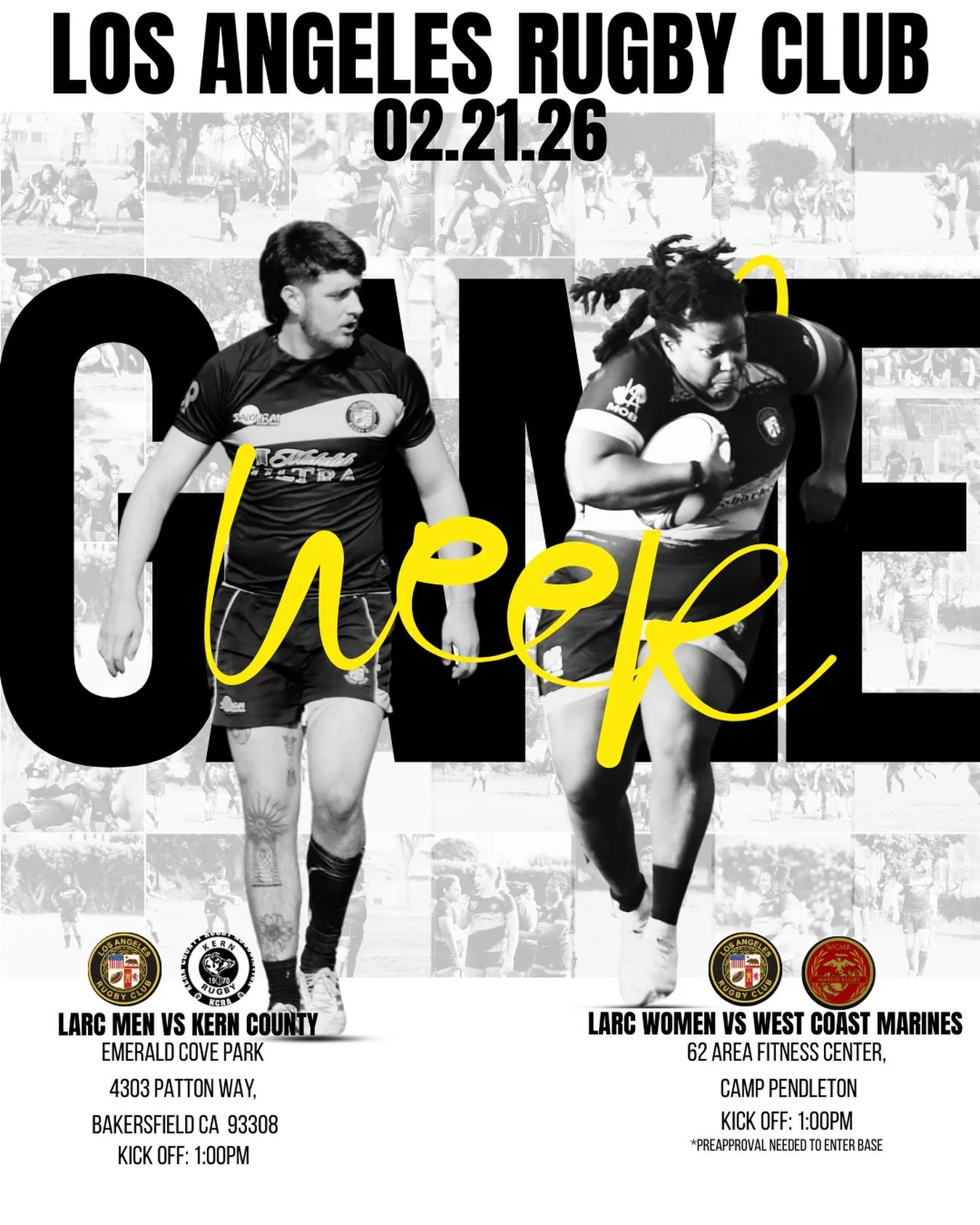 🗣️GAME WEEEEEEEK YA HEARDDDD!

Both our teams are away this week with the Men&rsquo;s Team away @ Kern County &amp; the Women&rsquo;s Team away @ West Coast Marines. Check out the deets below:

Men&rsquo;s Team: 
📍Emerald Cove Park
4303 Patton Way 