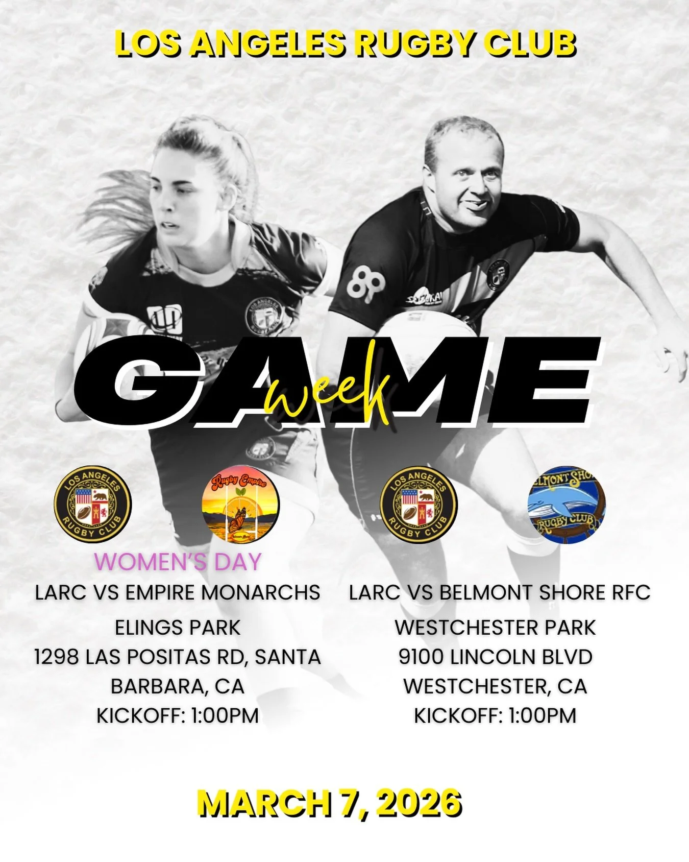🗣️GAME WEEK! PULL UP!

This weekend our Women&rsquo;s team will be celebrating Women&rsquo;s Day in Santa Barbara playing against Empire Monarchs. Our Men&rsquo;s team will be holding down the fort at home against Belmont Shore RFC! 

Check out the 