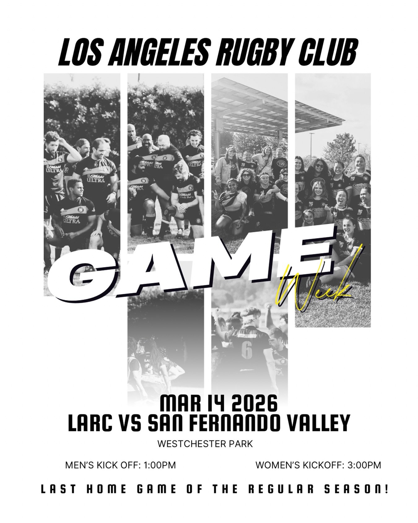 🗣️GAME WEEEEK YA HEARDDDD!

Come out to Westchester Park this weekend as we play our final home games of the regular season 🤩 
We have a double header against @sfv_rugby &amp; @sfvwomensrugby !

Check out the deets below:
LARC Men&rsquo;s Team VS S