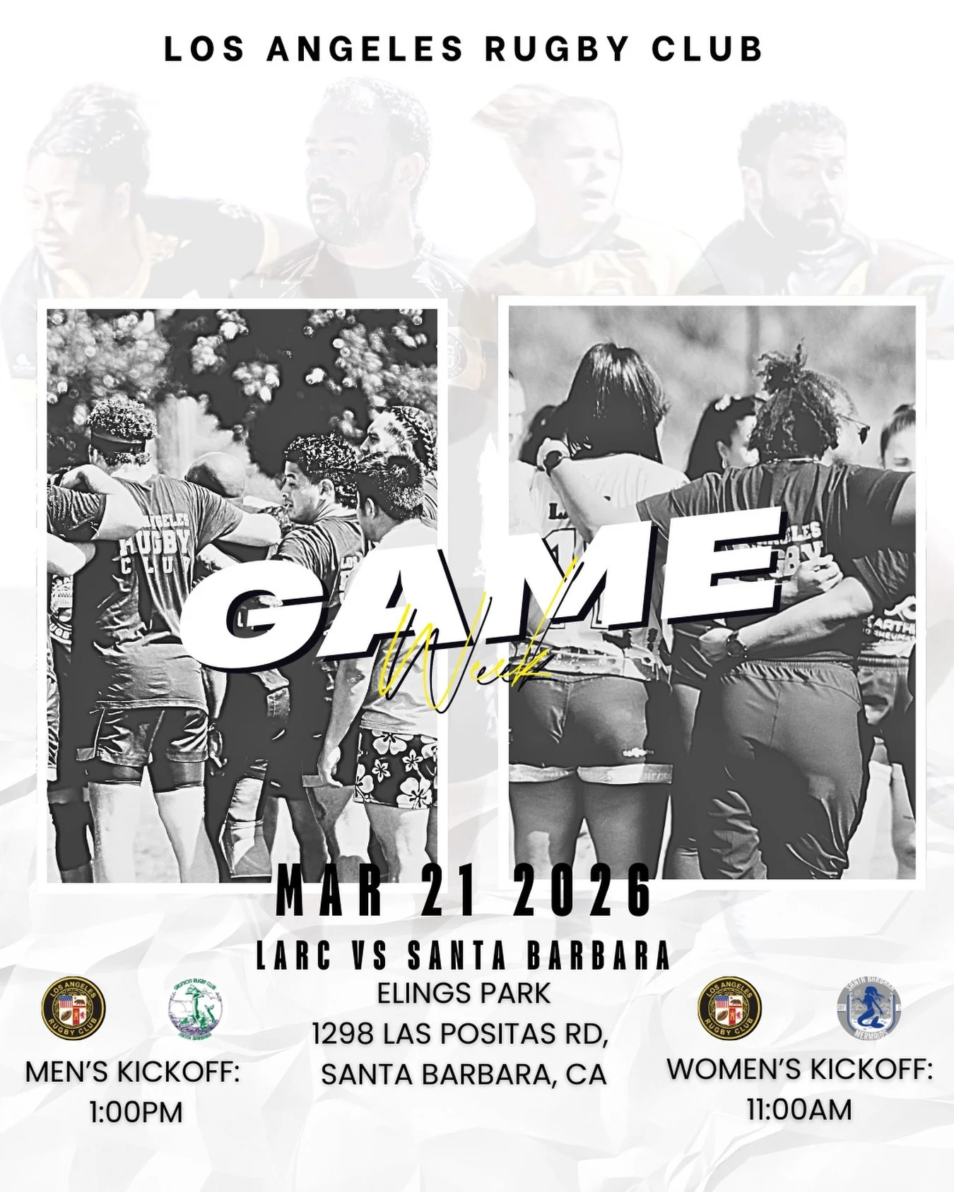 🗣️GAME WEEEEEK!

Our last games of the regular season are this Saturday 3/21 against @sbmermaidrugby &amp; @santabarbaragrunionrugby !

Check out the deets below:
🗓️ 3/21/2026
📍1298 Las Positas Rd
Santa Barbara, CA
⏰Women&rsquo;s Kickoff: 11:00am

