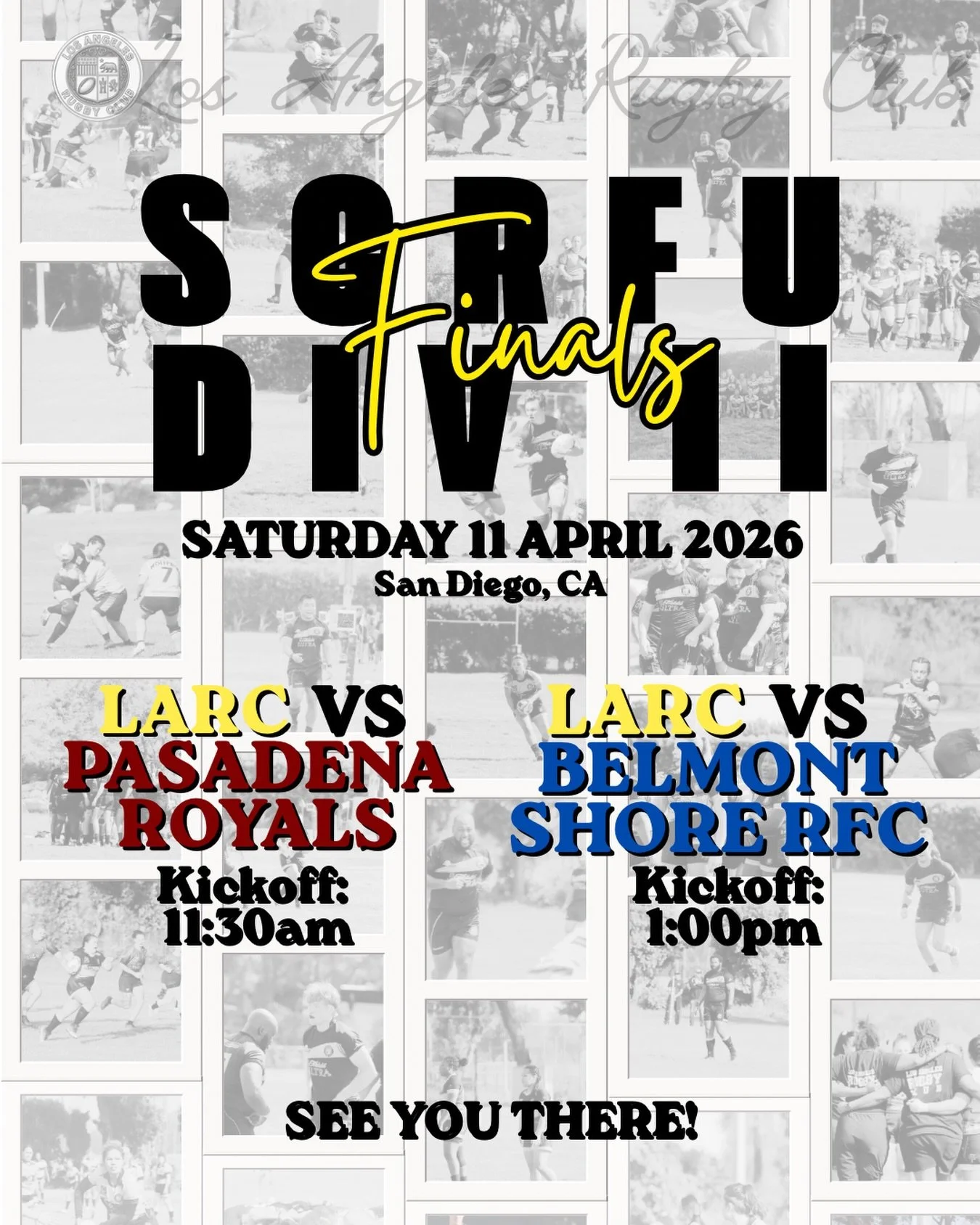 🗣️GAME WEEEEK!
This one&rsquo;s special 🖤💛 both our Men&rsquo;s and Women&rsquo;s teams will be playing in the SCRFU DIV II Finals! 🥳🥳
The final will be this Saturday (4/11/2026) in San Diego. 
Check the deets below!

📍Robb Field
2525 Bacon St 