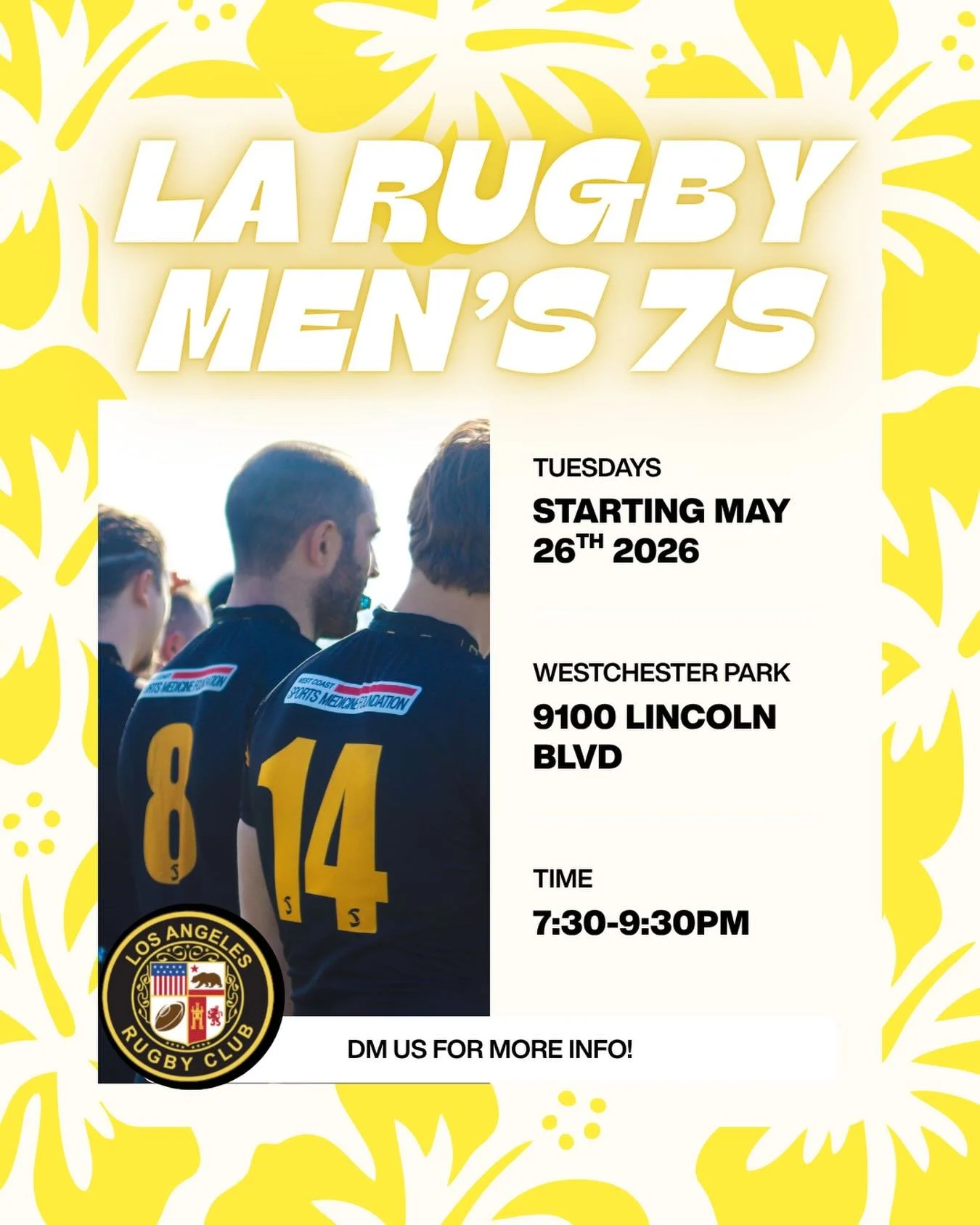 LA Men&rsquo;s 7s will begin on 5/26! 

Practices will be once a week on Tuesdays with tournaments happening throughout the summer! 

If you are interested please reach out or just show up! 

See you all soon! 

Details for women&rsquo;s 7s season co