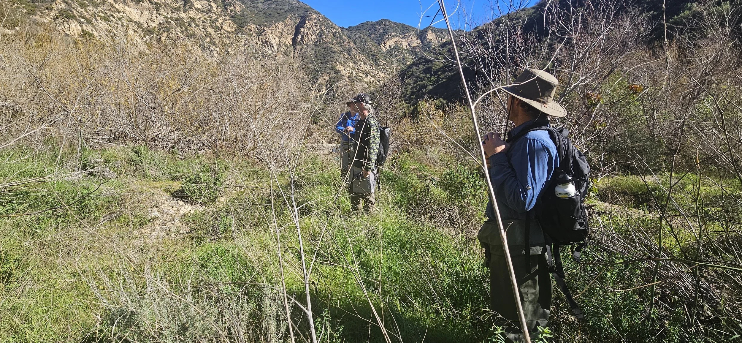 two hikers with backpacks in a sparse mountainous landscape with dry grass and bushes