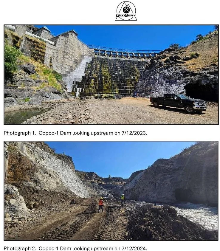 Comparative photos of Copco-1 Dam: one with water and a truck at the base, another with construction workers in a dry, rocky area, showcasing changes over a year.