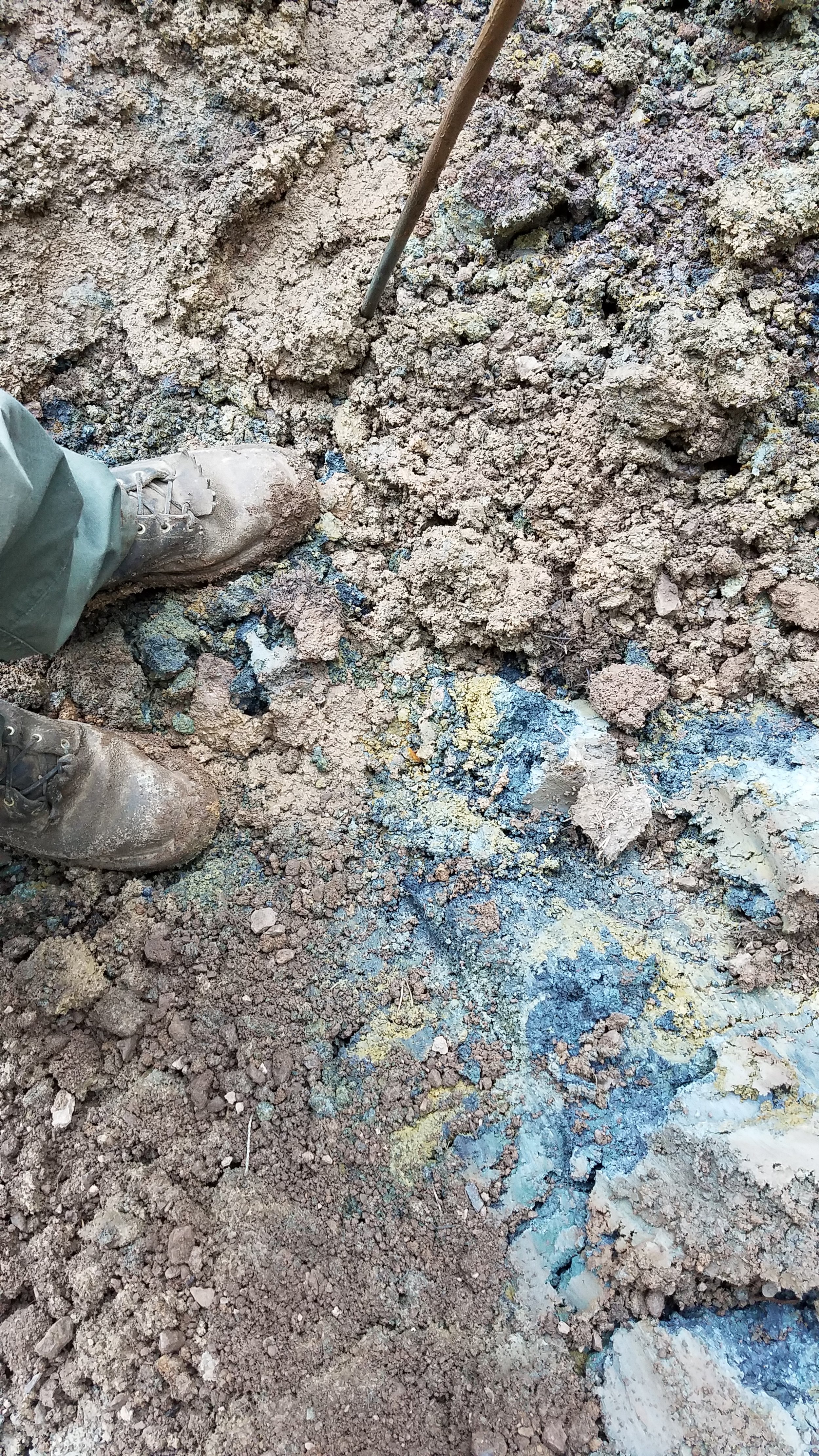 Person standing on muddy ground with unusual blue and yellow discoloration