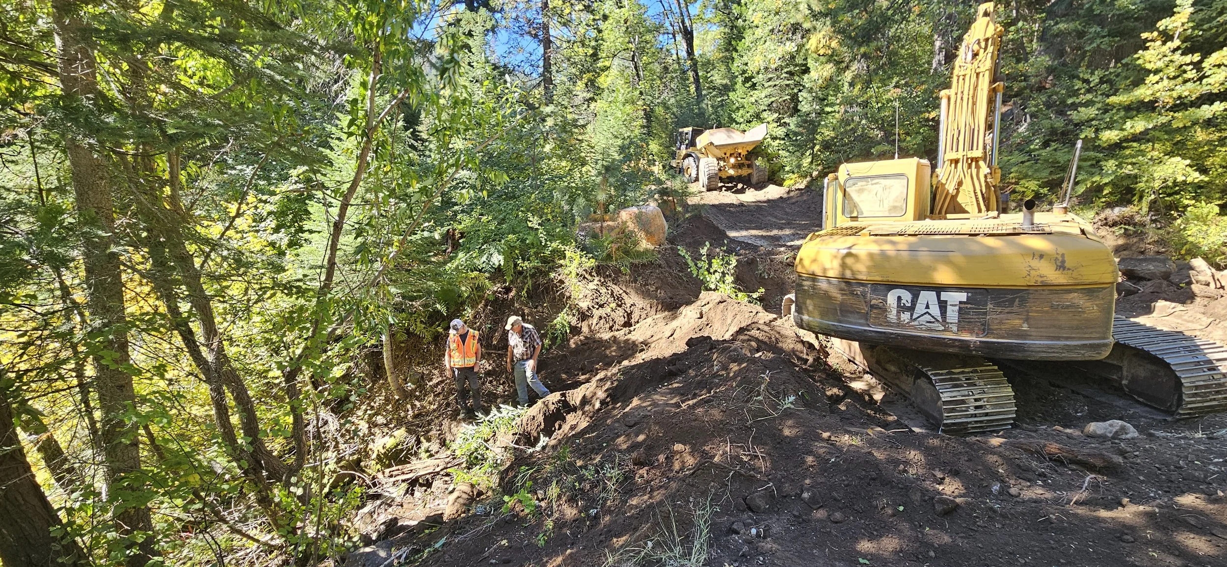 Excavator and workers in a forest during a construction project