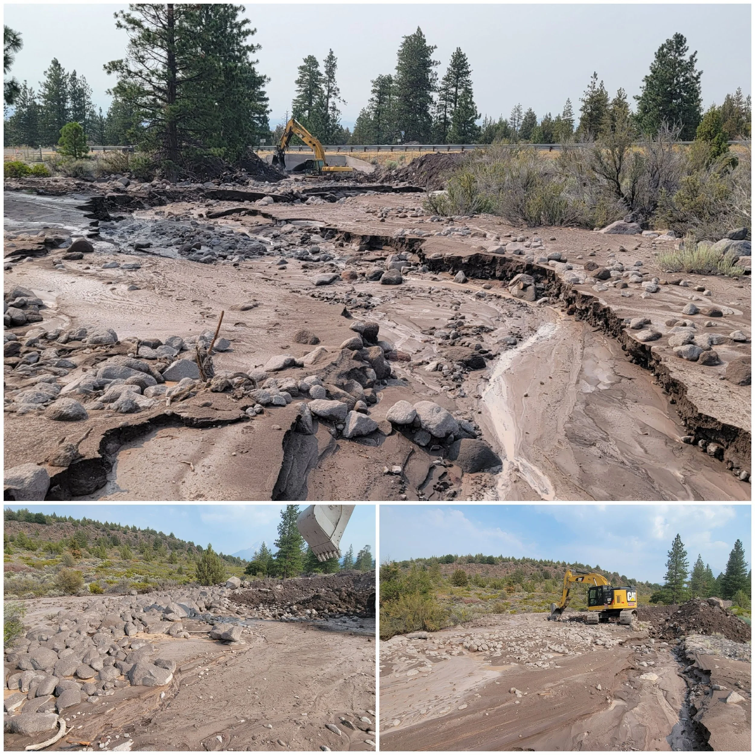 Erosion and excavation site with an excavator, rocks, and trees