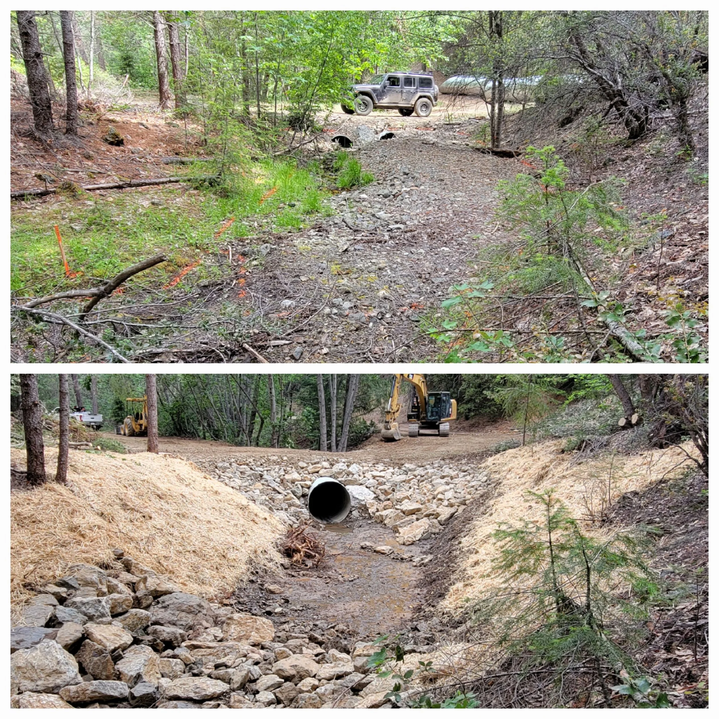 Two images showing before and after views of creek restoration. The top image displays a vehicle near a rocky creek bed with natural overgrowth, indicating erosion. The bottom image illustrates an excavator beside a stabilized creek bed with a newly 