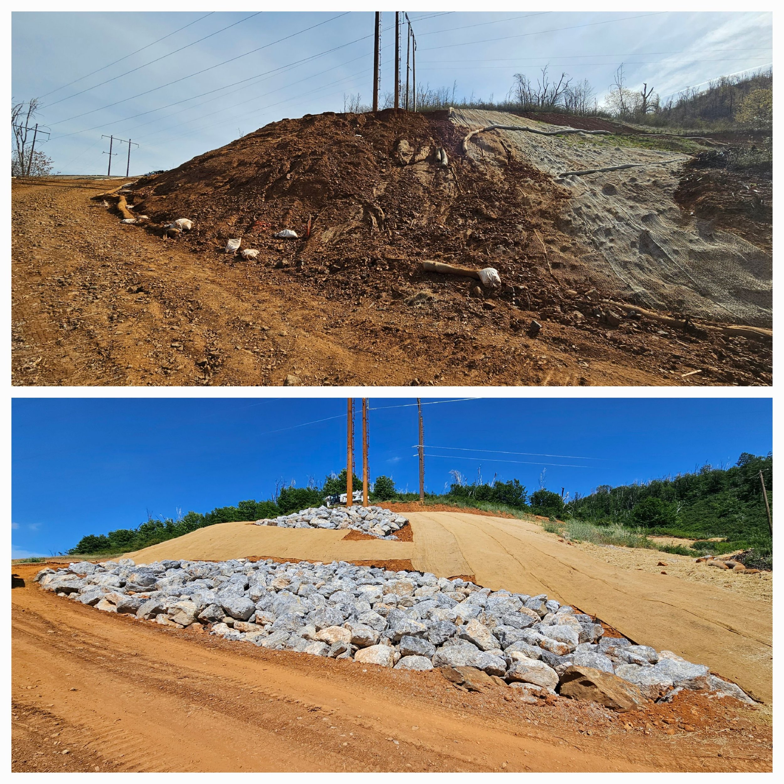 Before and after images of slope stabilization with erosion control and rock placement on a dirt hill.