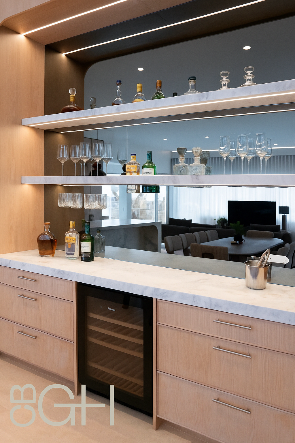 A bar zone connects both the kitchen and the dining area to ensure weekends and holiday times are relaxed for all