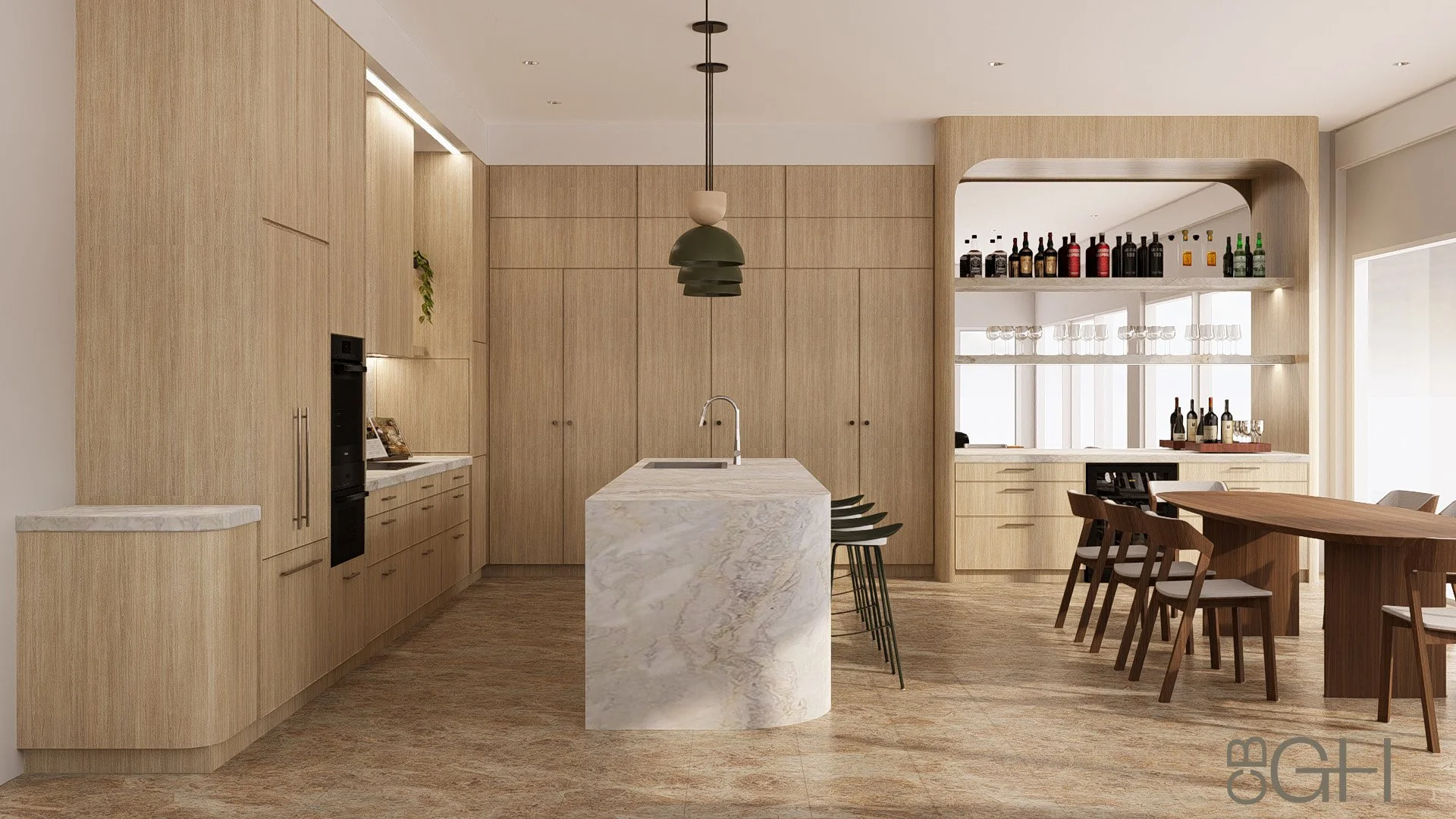 Anchorage Kitchen and Bar zone, the beauty of natural elements, blending the beauty of natural stone and warm oak timbers