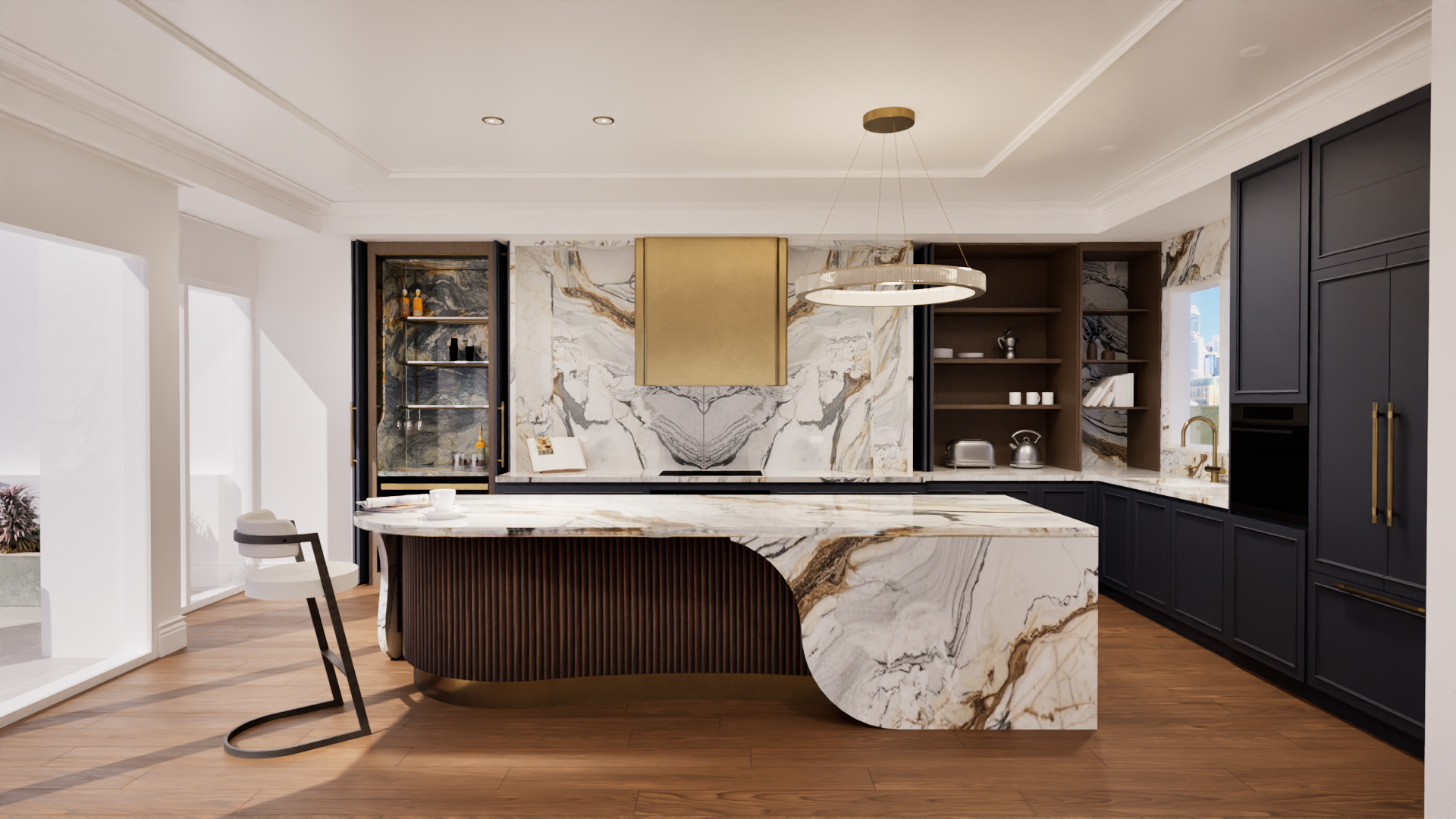 Luxury coastal kitchen with hidden bar zone and appliance cupboard 