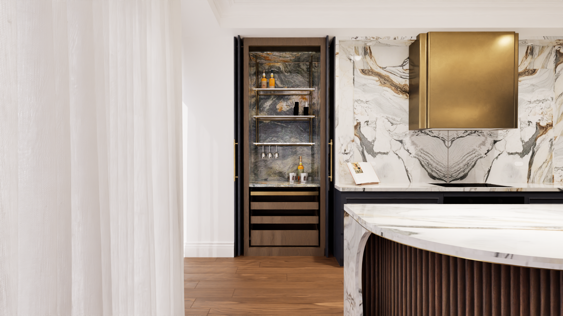 A hidden bar zone enhances functionality and livability 