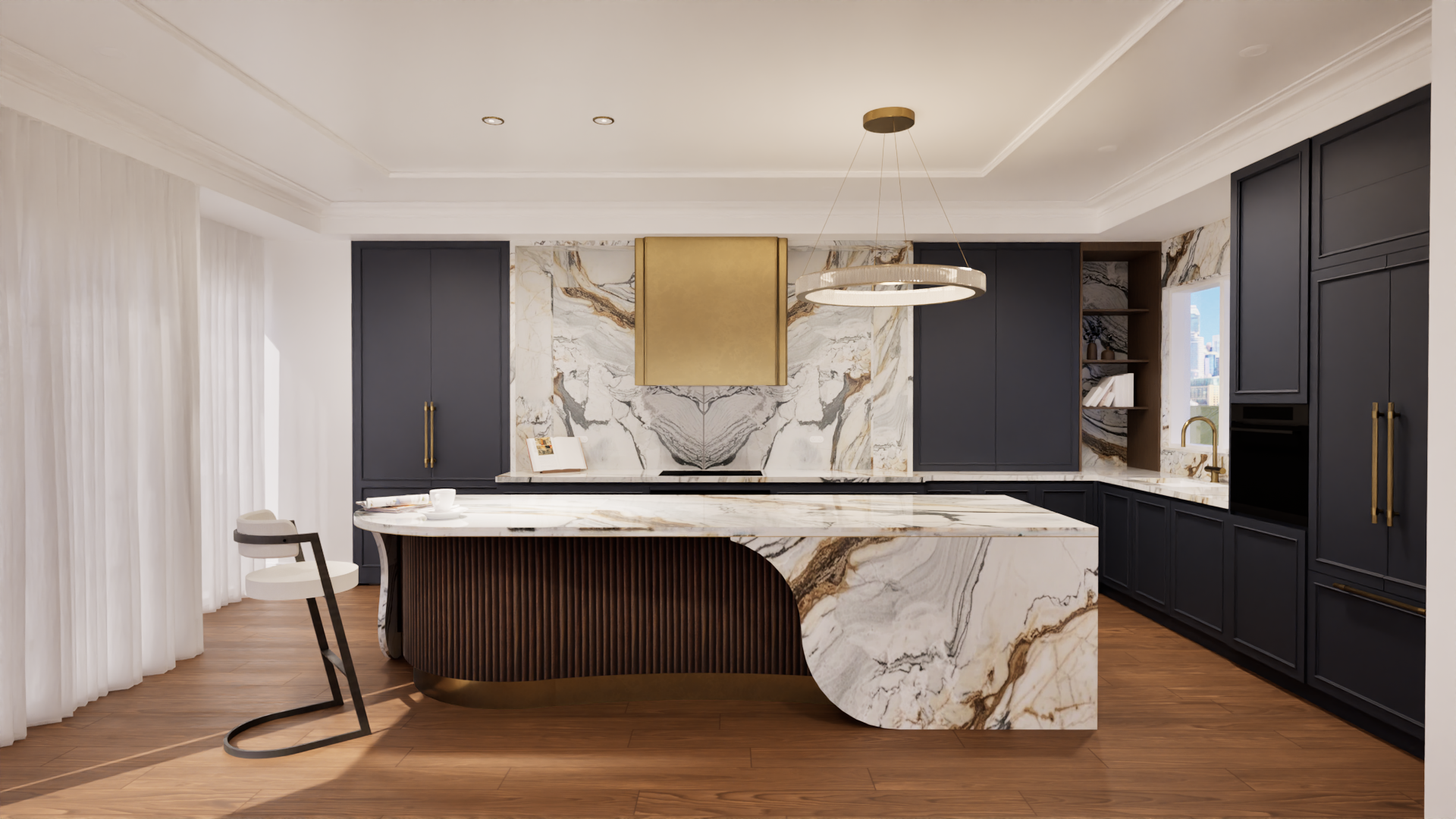Contemporary Kitchen with curved natural stone and deep blue joinery, brass feature rangehood
