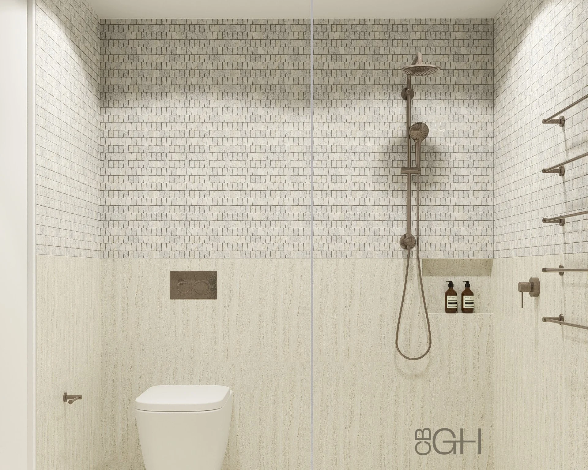 Anchorage Ensuite - a combination of travetine and Calacatta Oro - a play on colour and texture