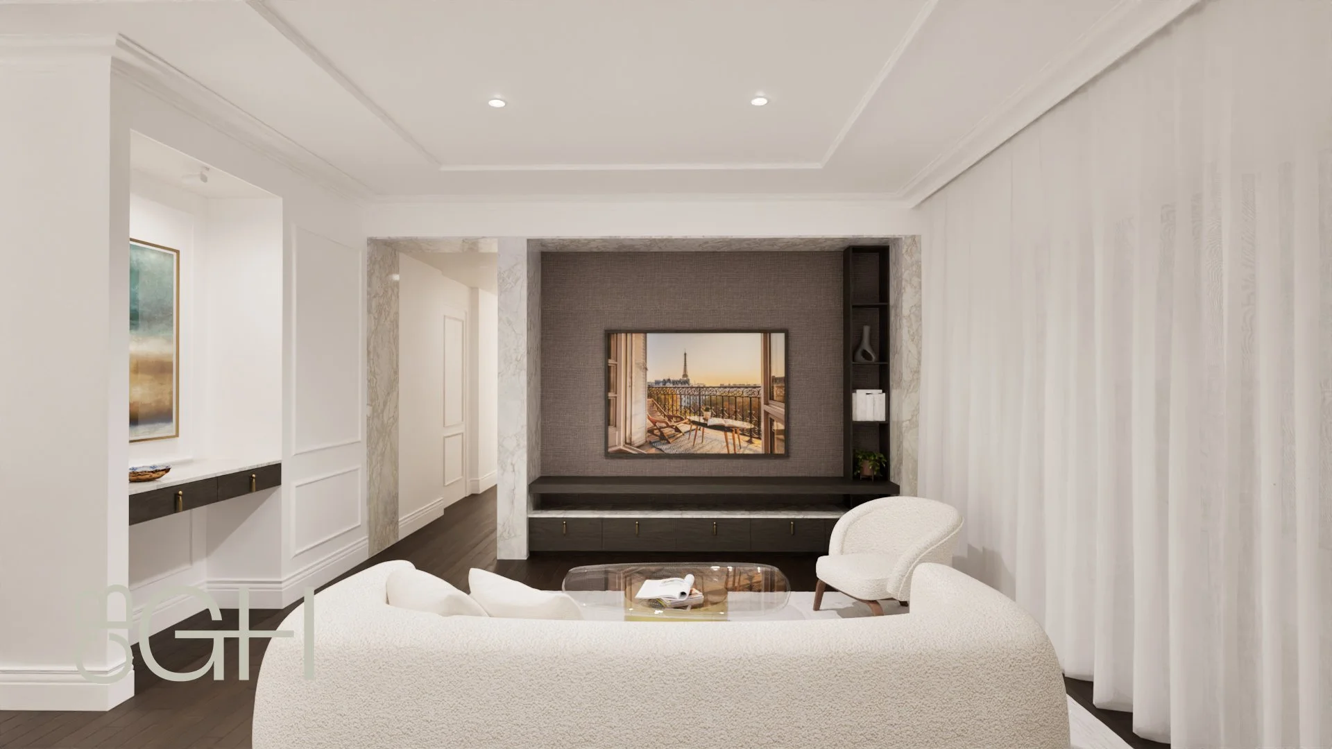 Living Room detailed joinery design at Project Maison, features timber veneers and natural stone