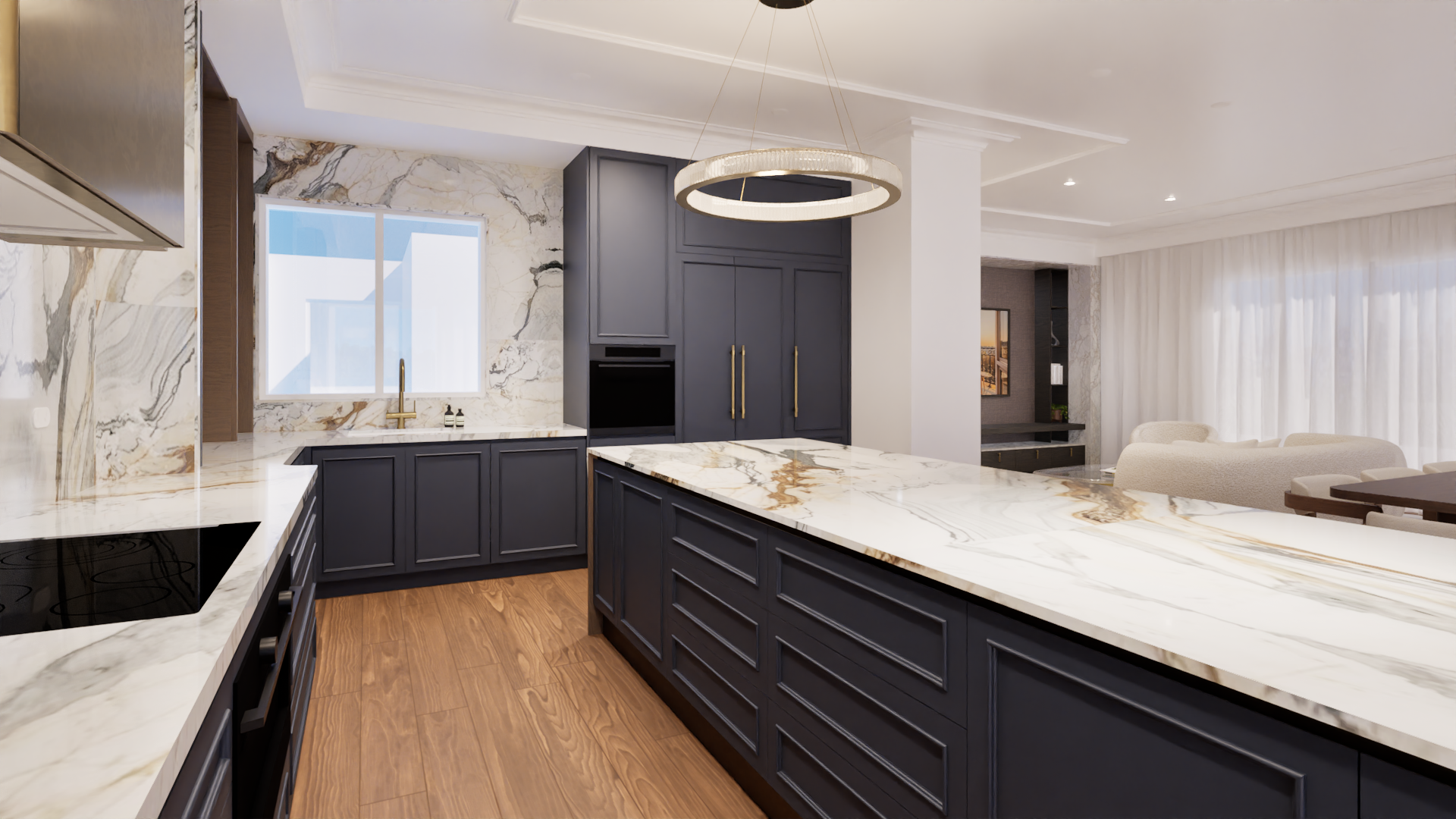 Open plan kitchen living connection, traditional detailed joinery paired with contemporary Calcatta Picasso natural stone