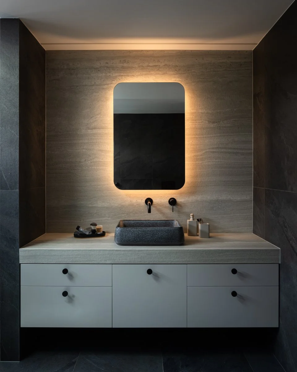 Dark and moody but make it textural.  The Neolith strata argentum wall cascades across the vanity benchtop and the features a custom handmade clay sink by Robert Gordon 