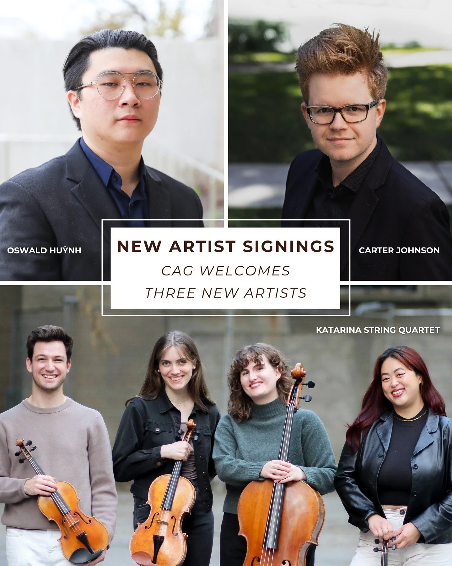 🎉 Big news from CAG 🎉

We are thrilled to announce the first artists signed through our new artist selection process: @oswaldhuynh, @carterjohnsonpiano, and @katarinastringquartet. Swipe through to meet these fabulous musicians! 

Want to join the 