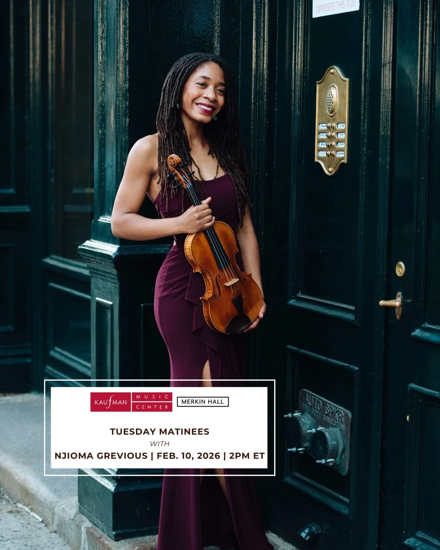 Your Tuesday afternoon just got a lot more exciting! ✨
Catch Njioma Grevious, one of today&rsquo;s most thrilling rising violin stars, live at Merkin Hall on Tuesday, February 10 at 2pm as part of @kaufmanmusiccenter's Tuesday Matinees series.

Descr