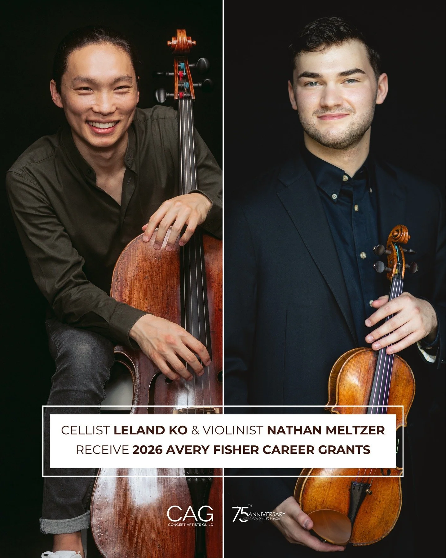 Congratulations to two 2026 Avery Fisher Career Grant recipients from the CAG Roster! 🎉

Cellist Leland Ko and violinist Nathan Meltzer join an illustrious group of Avery Fisher Career Grant honorees, and we couldn't be more delighted. Tune in tonig