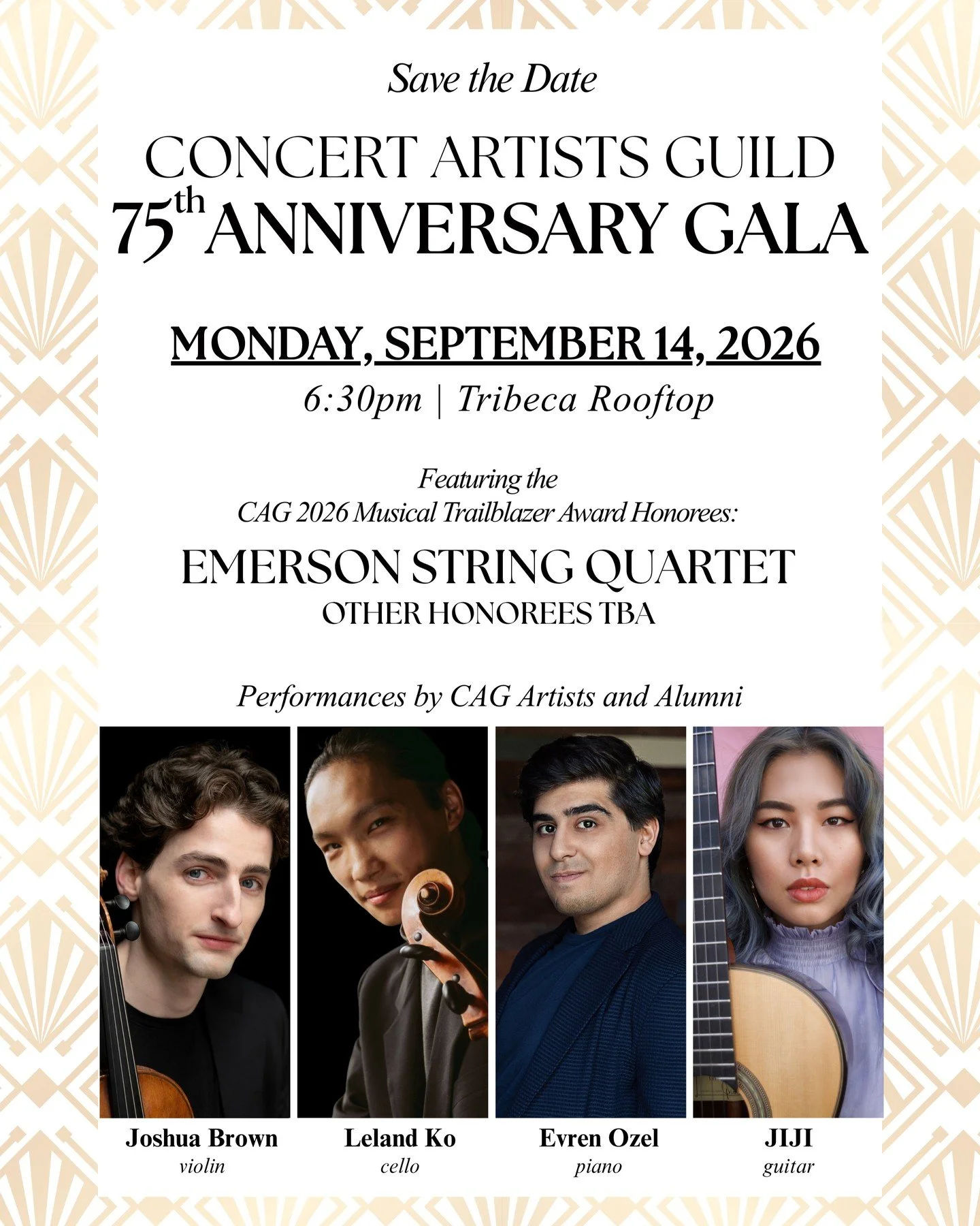 Save the Date! On Monday, Sept. 14, 2026, gather for an unforgettable night of music, community, and shared commitment to supporting the next generation of musicians at our 75th Anniversary Gala! 

Enjoy captivating performances by CAG artists violin