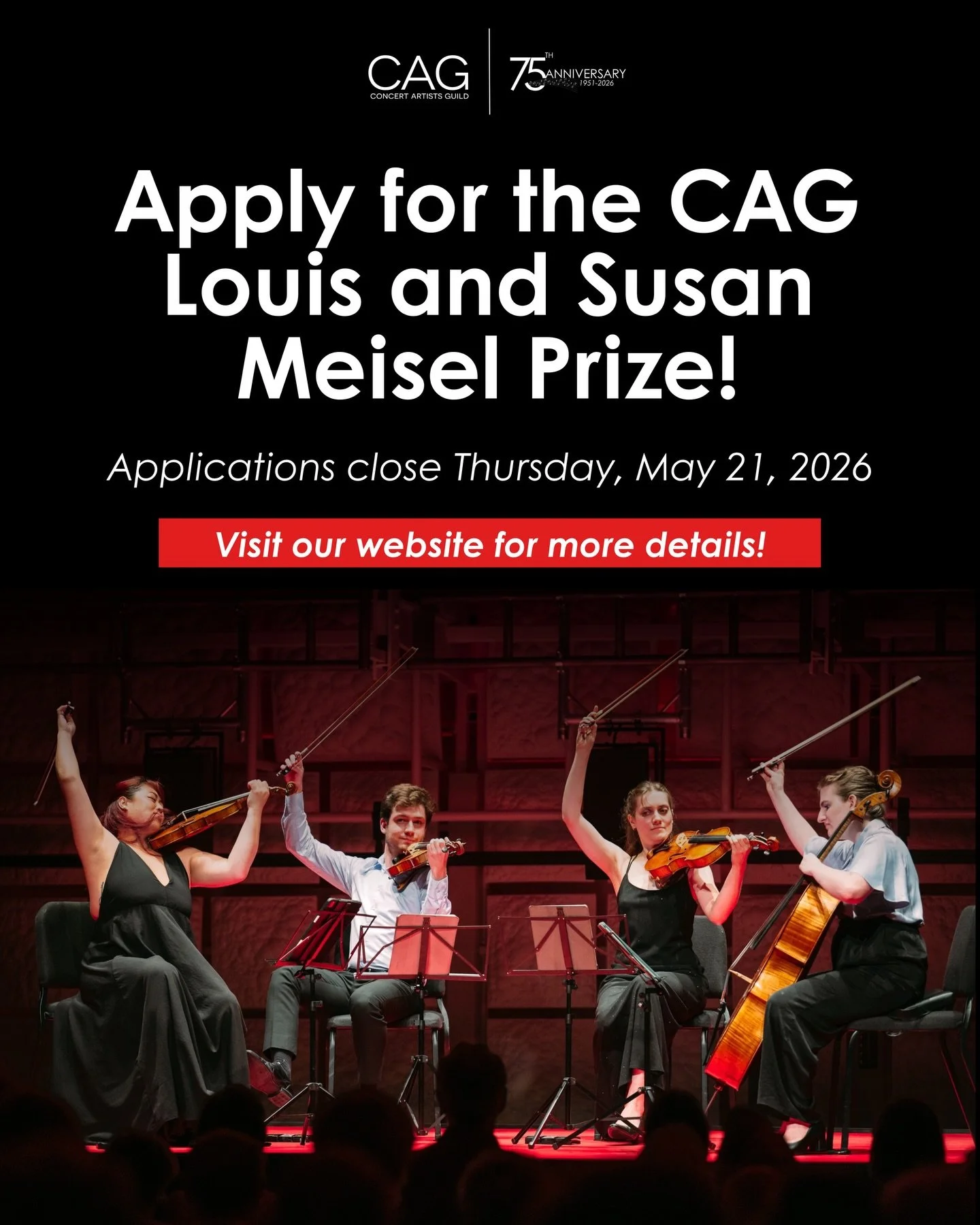 ⏳ There's still time to apply for the 2026 CAG Louis and Susan Meisel Prize, but not a lot! Our application portal closes next Thursday, May 21, 2026. 

We encourage applicants from a wide range of musical backgrounds, including instrumentalists, voc