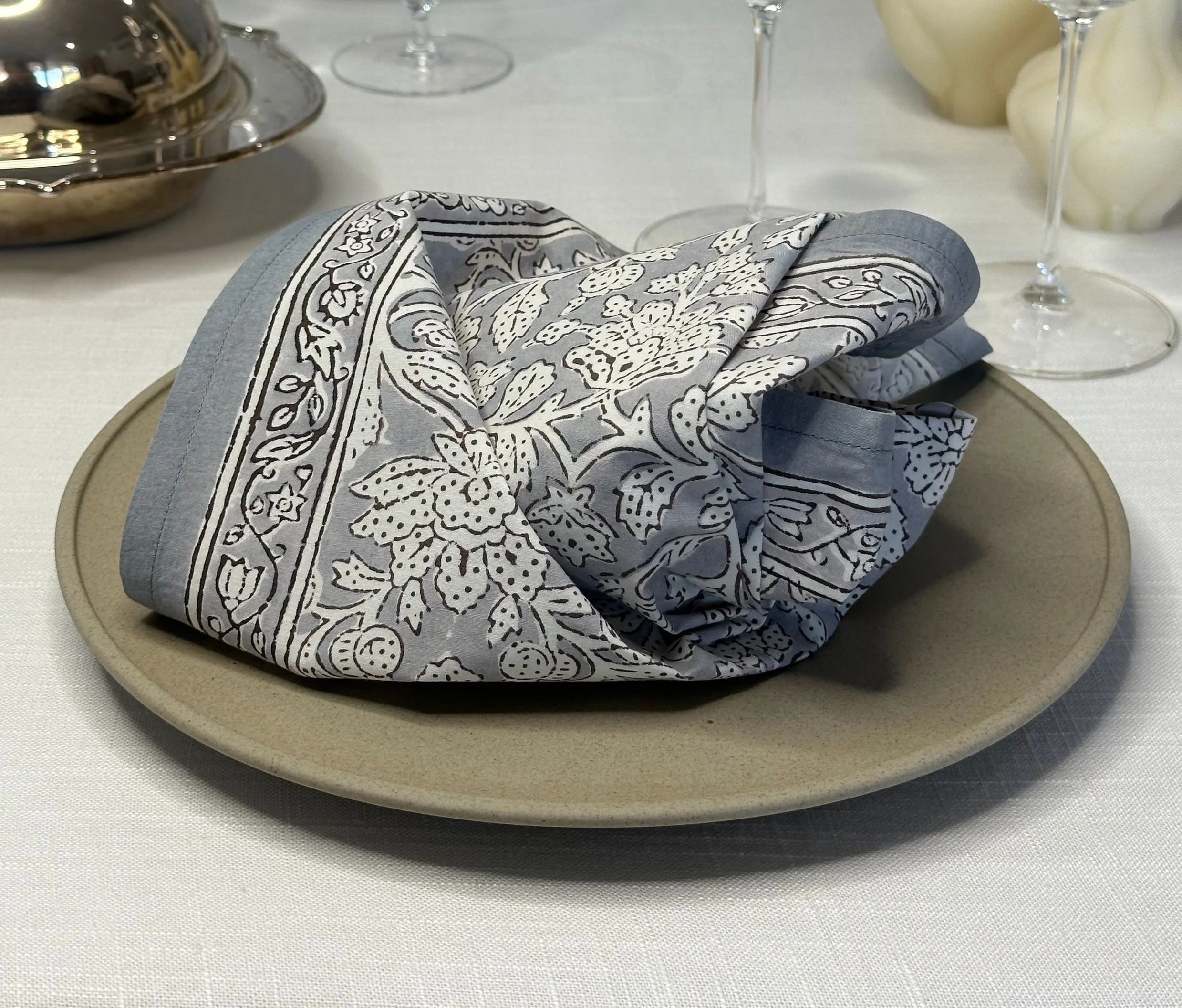 Grey Floral Block Print Napkin
