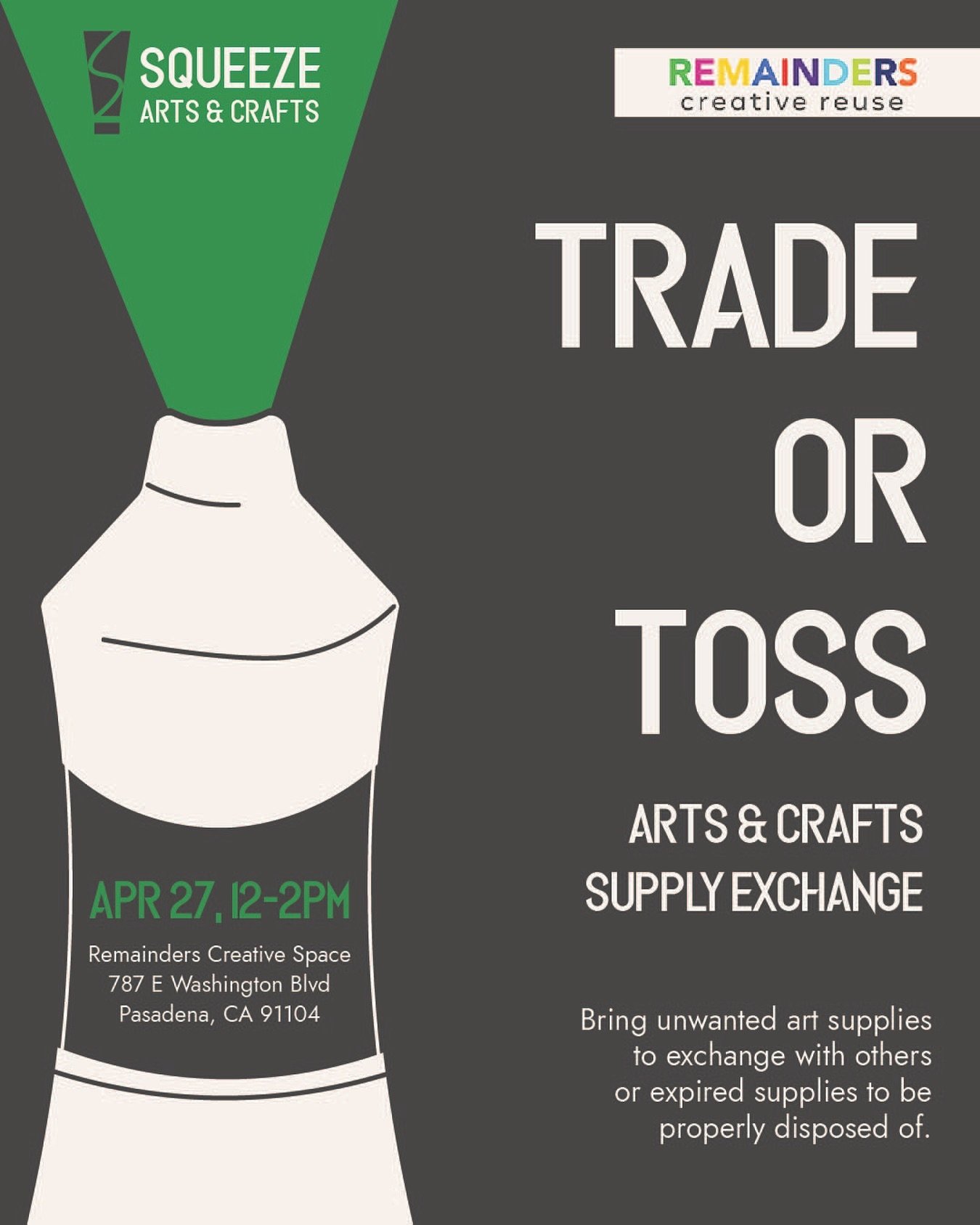 We&rsquo;re hosting another Trade and Toss event with @squeezeartsandcrafts on Saturday April 27th! Bring unwanted art supplies to exchange with others or expired supplies to be properly disposed of. We&rsquo;d like to thank Squeeze Arts &amp; Crafts