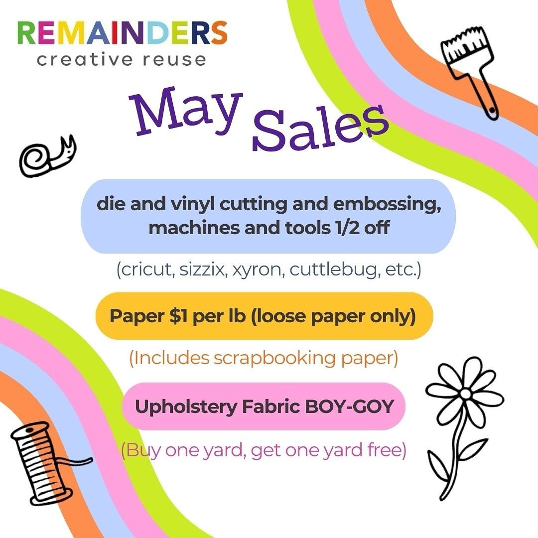 New month = new sales! Here&rsquo;s what we got for you in May 🩵
.
Die cut, vinyl cutting, and embossing machines + any tools are 1/2 off. (Cricut, sizzix, xyron, cuttlebug, etc.)
.
Paper $1 per lb. Loose paper only. Includes scrapbooking paper, cop