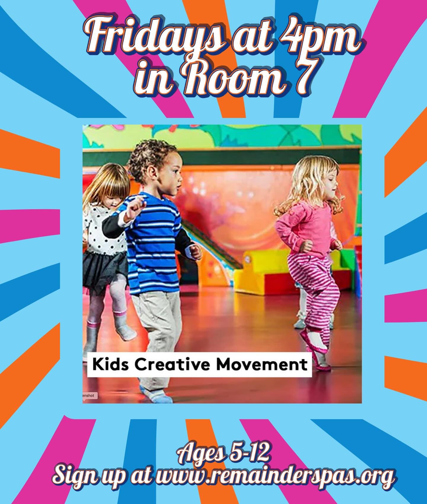 Coming up on May 16th and every other Friday
(in Room 7 behind Remainders)
Kids 5-12
All levels welcome, bring the kids and have fun moving
Sign up on website and in bio