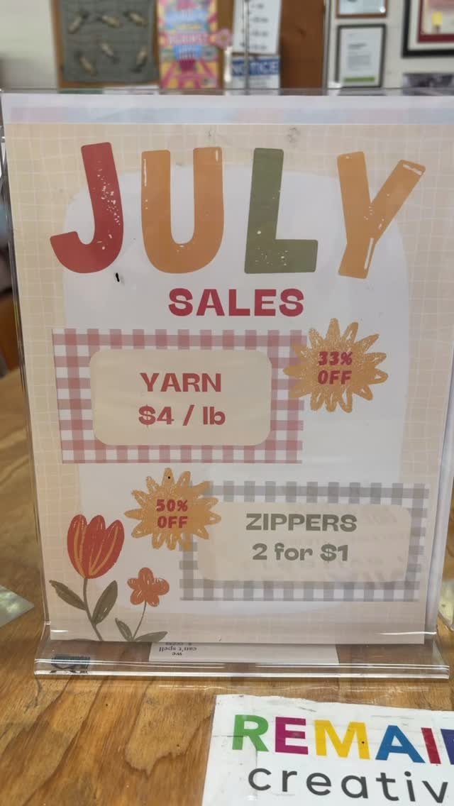 🥵July Sales!! Yarn lovers, get a head start on holiday gift projects, learn to knit or crochet or just stock up while this sale lasts! $4 per lb ( not including individually priced/$15 per lb yarns). Zippers .50 each.#remainderscreativereuse #remain