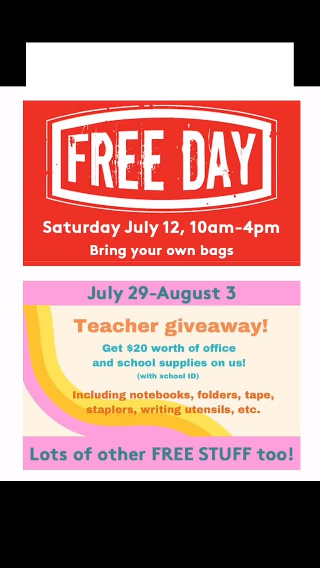 Mark your calendars, save the date and tell a friend! FREE DAY is next Saturday, July 12. We’re once again inviting the community to fill their bags with our overstock of donations. The sidewalk event will include yarn, office supplies, paper,