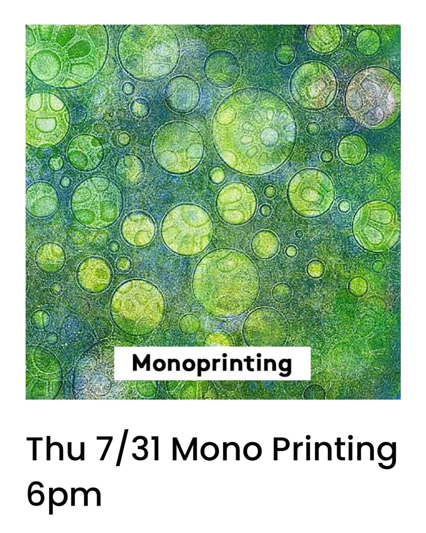 Next Thursday, July 31, join instructor @craftyearthmonkey for a Monoprinting Workshop! Learn to make one-of-a-kind prints using a printing press or by hand! 🌈🎨 Only $30 for a 2-hour workshop, all materials included!