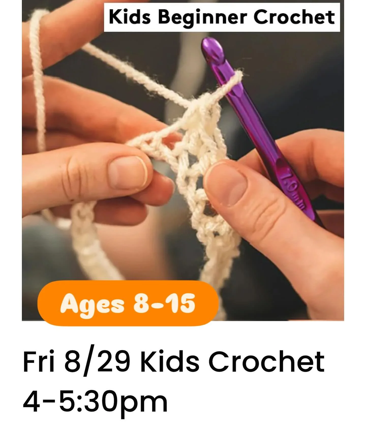 Join @lilshiznits for the basics of crochet just for kids, ages 8-15
Friday 8/8, 4pm
