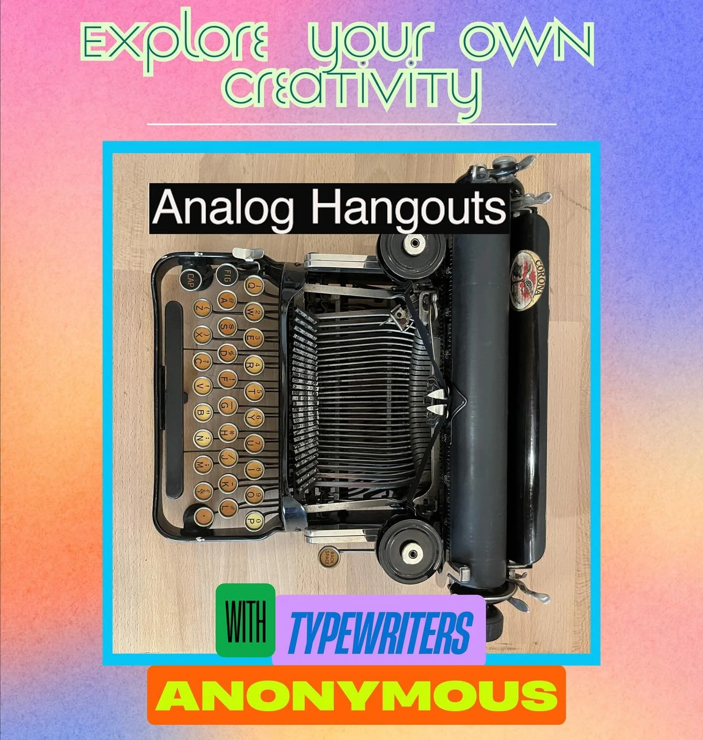 This Friday in Room 7 behind the building at 7pm
Join @typewriters_anonymous &amp; @fylazoo 

Analog hangouts, spend a little time offline.
Unplug and reconnect with your creativity! Join us for a relaxed, guided session where the focus is on process