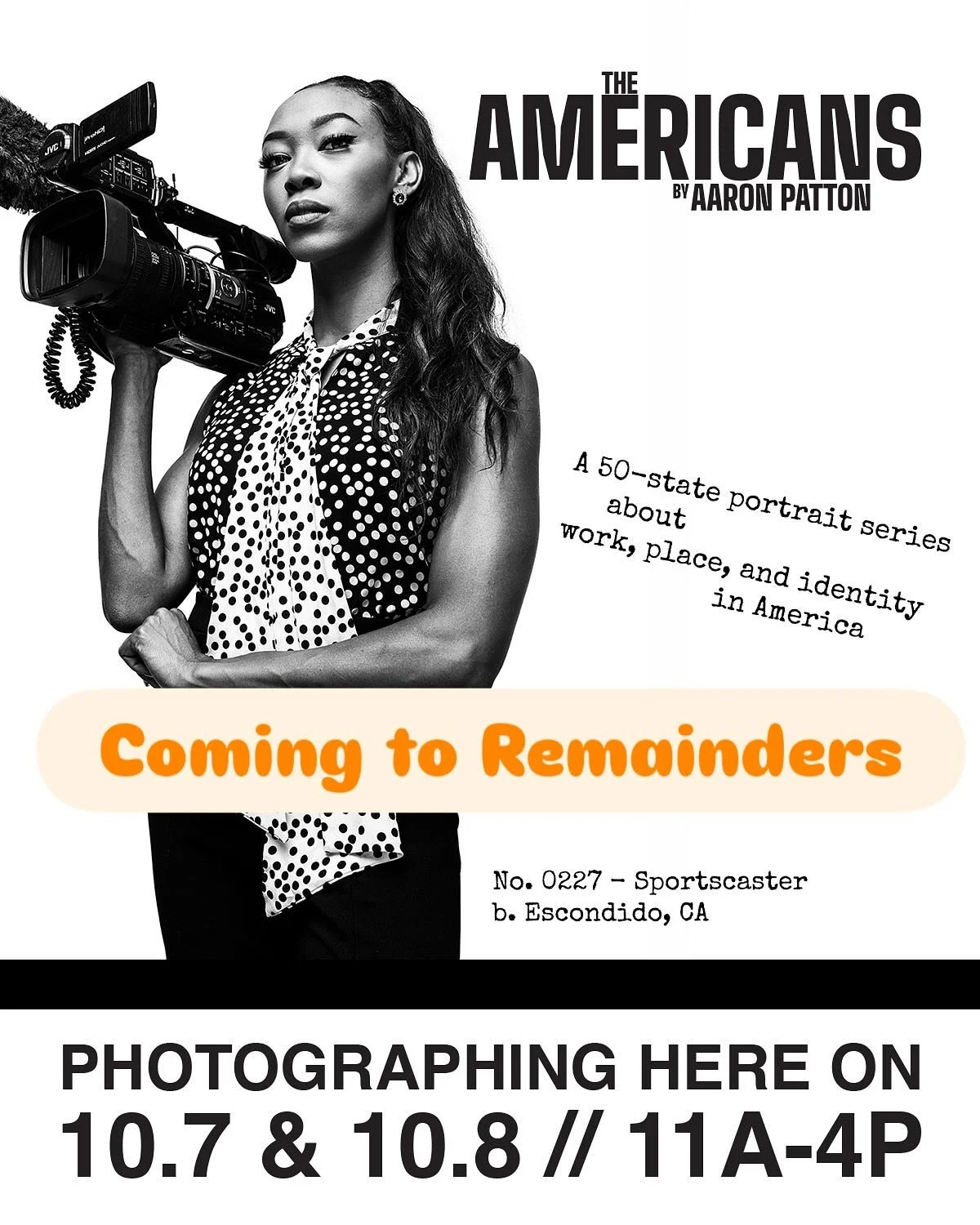 A 50-state portrait series, “The Americans”, will be photographing FREE upstairs in the gallery here at Remainders on 10/7 & 10/8 from 11-4 each day.
Come and be a part of this national archive! More info on the website above and @t