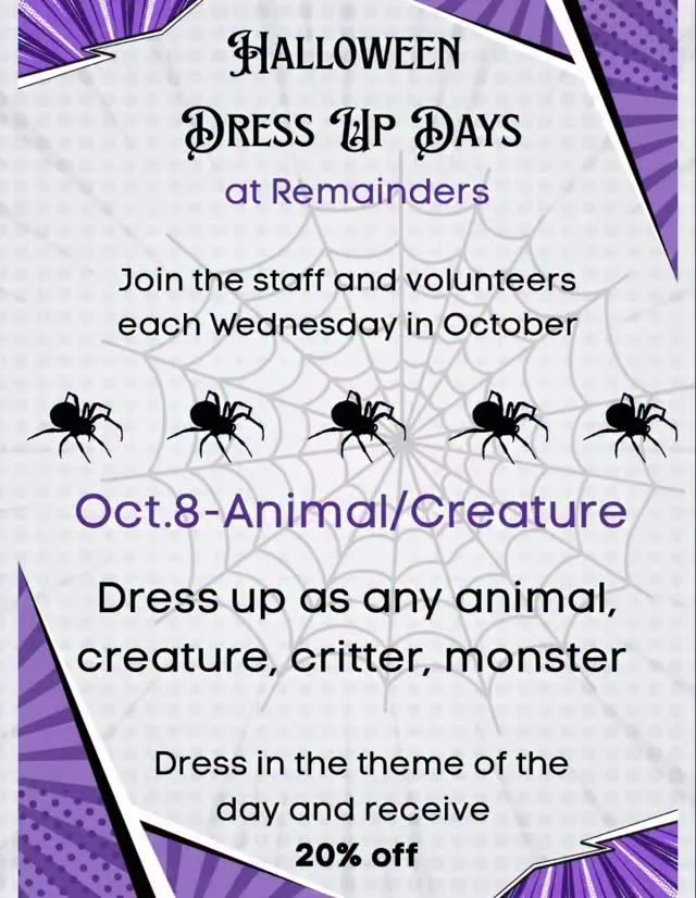 Dress up Wednesdays continue on Oct.8 with Animal or Creature Theme. Real or imaginary, cute or scary, furry or spiky, come dressed up and get 20% off your purchases.#remainderspasadena #remainderscreativereuse #remainders #creativereuse #pasadena #a