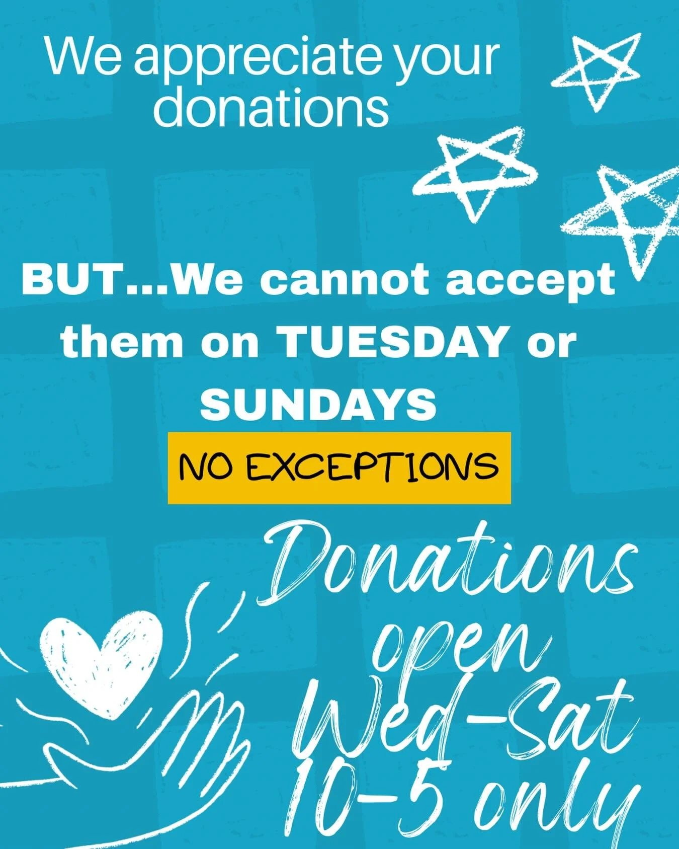 DONATIONS ARE OPEN WED-SAT 10-5 😊😊😊😊😊😊😊😊.
 

You all have made a BIG impact by donating your reusable materials to us.  In order to function in a productive way we need your help:
*NO donations on Sunday &amp; Tuesday
*Donate to our donations