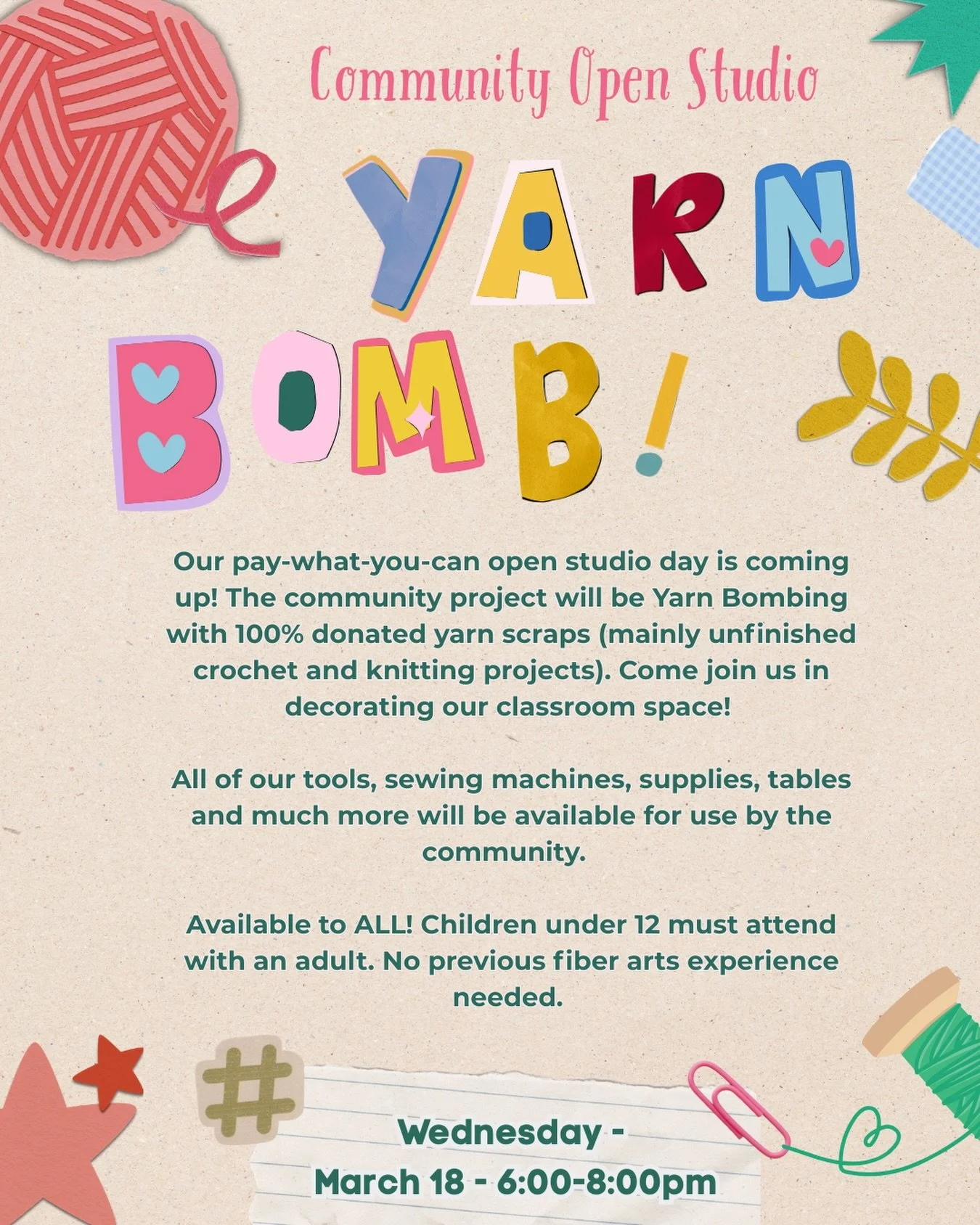 Want to leave your mark on our classroom?? Curious about yarn-bombing? Join us this Weds for a (free of charge/pay what you can!) activity in our studio space upstairs! No knitting or crocheting experience required. 
&bull;
&bull;&bull;
&bull;&bull;&