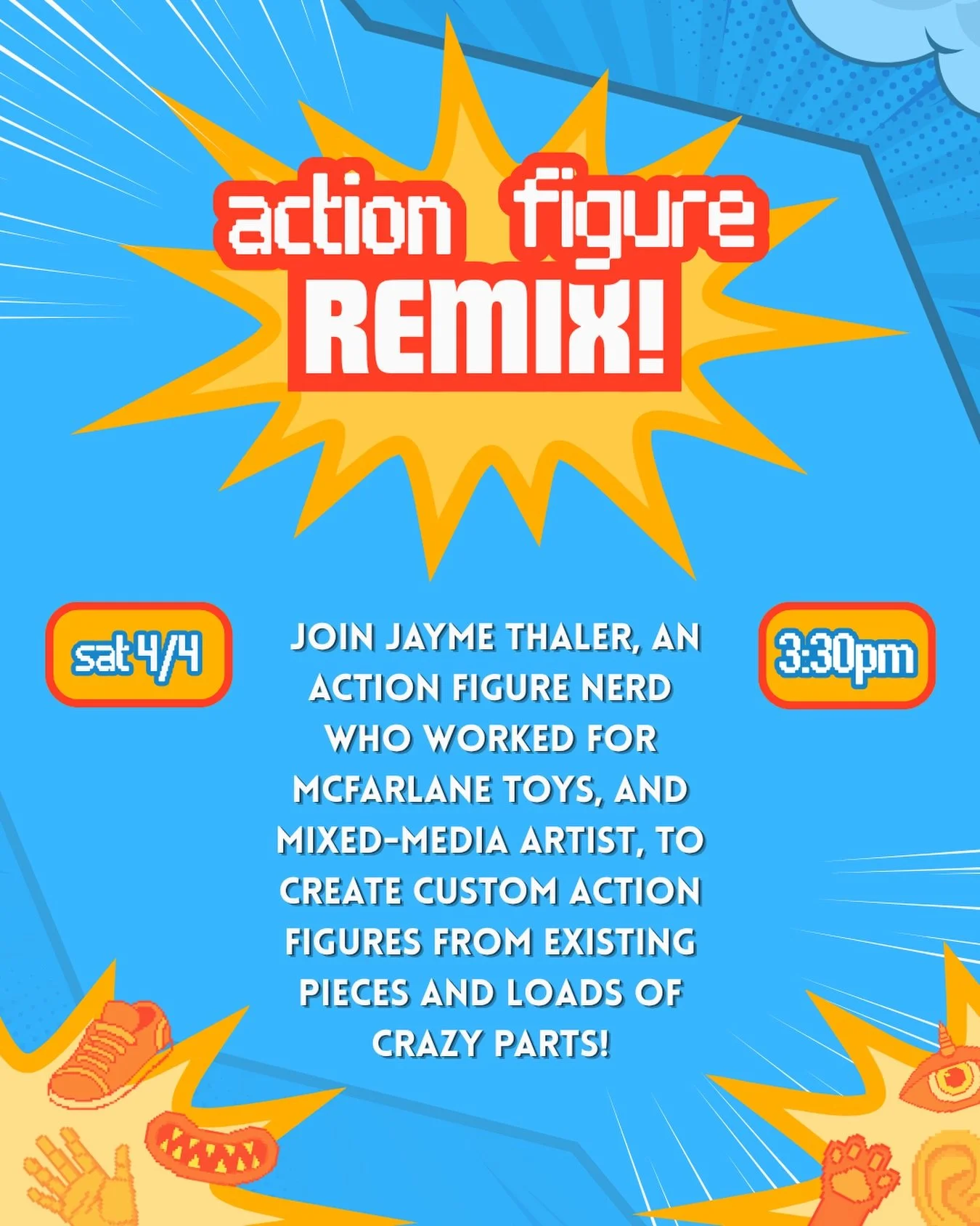 ⚡️🦸&zwj;♀️ Today! Unleash your inner creative and make a brand-new hero out of pieces and parts at our Action Figure Remix class 🦹&zwj;♂️💥
&bull;
&bull;&bull;
&bull;&bull;&bull;
&bull;&bull;
&bull;
#artclass #kitbashing #thingstodoinla #craftersgo