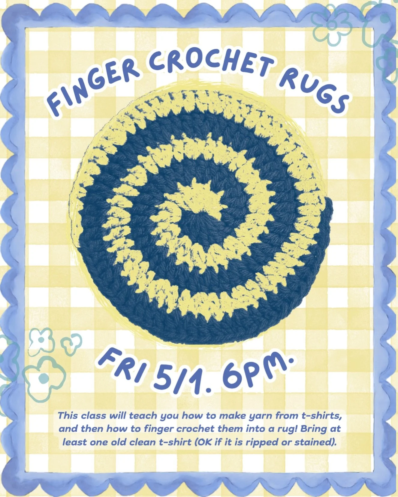 Coming up this Friday! Join us to learn a rug making technique- and a new way to recycle your old t-shirts! A two-birds-with-one-stone kind of class :) 
&bull;
&bull;&bull;
&bull;&bull;&bull;
&bull;&bull;
&bull;
#fingercrochet #crochetclass #textilew