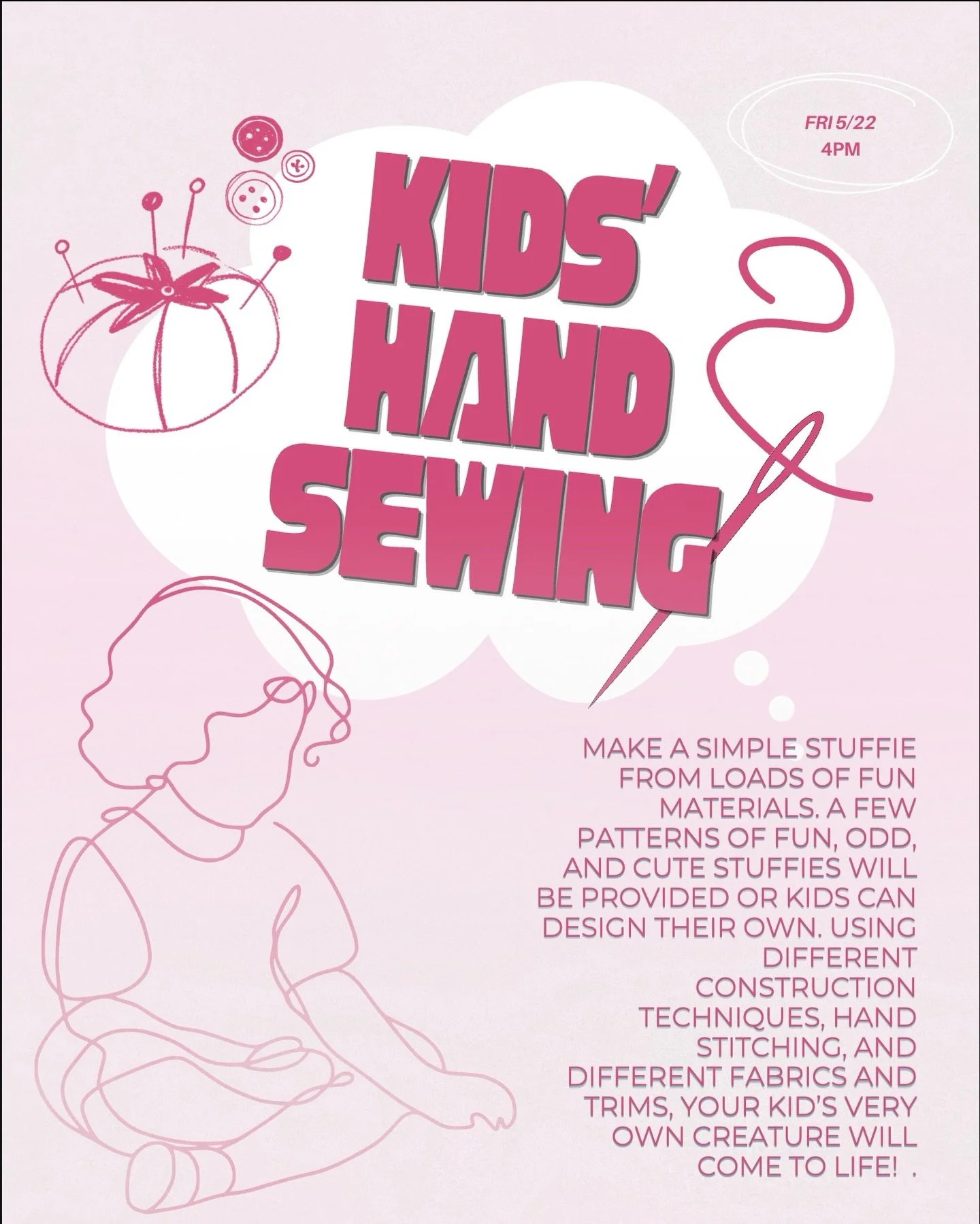 Coming up this week! Give your little ones the tools they need to succeed in sewing at our Kids&rsquo; Sewing Class this Friday 💕
&bull;
&bull;&bull;
&bull;&bull;&bull;
&bull;&bull;
&bull;
#kidsclasses #kidssewing #craftclasses #thingstodoinla #fami