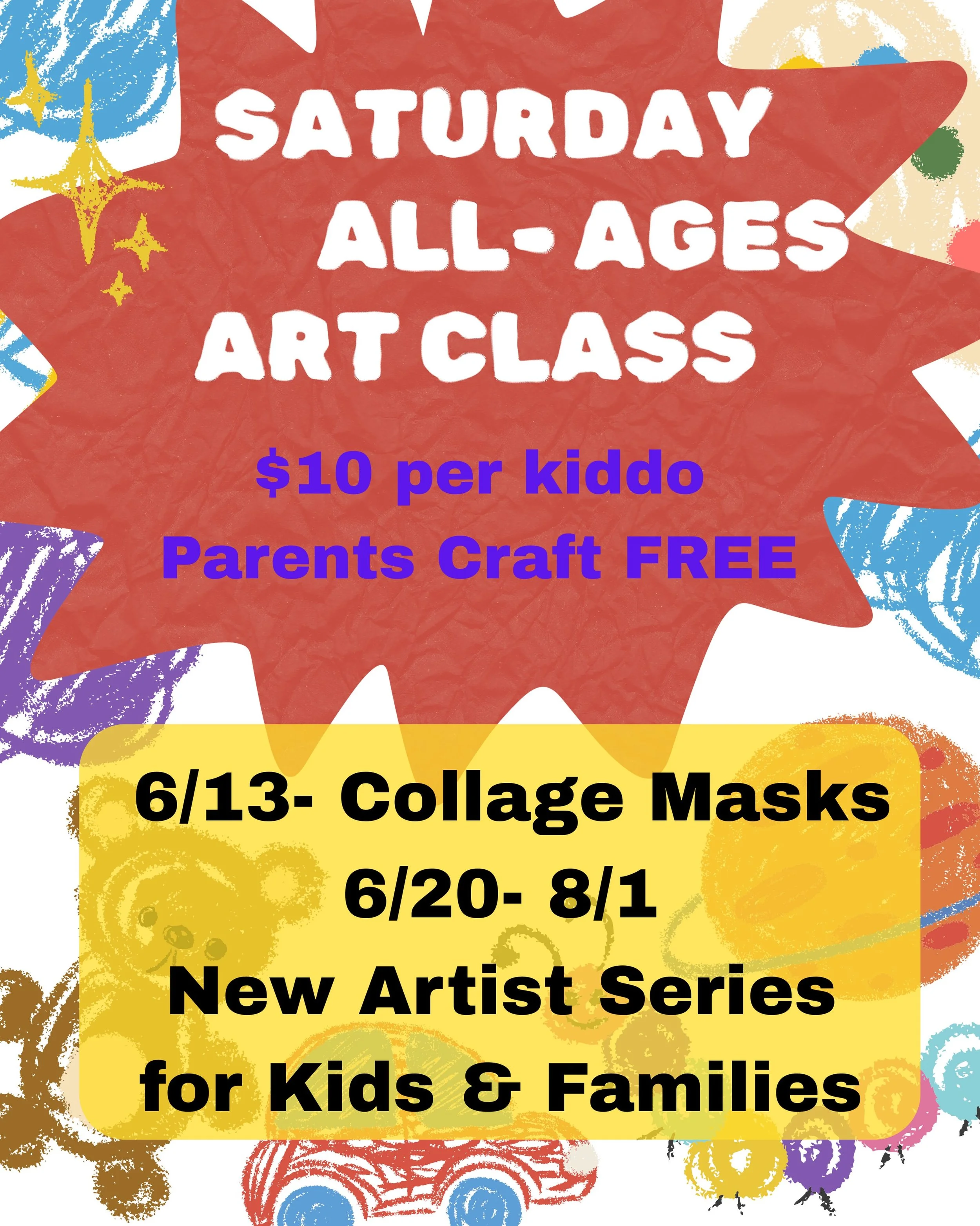 6/13 Collage Masks
6/20 Matisse Collages
6/27 Louise Nevelson Sculptures 
7/11 Van Gogh Oil Pastels
7/18 Frida Kahlo Portraits 
7/25 Jacob Lawrence Paintings 

All ages skill building art