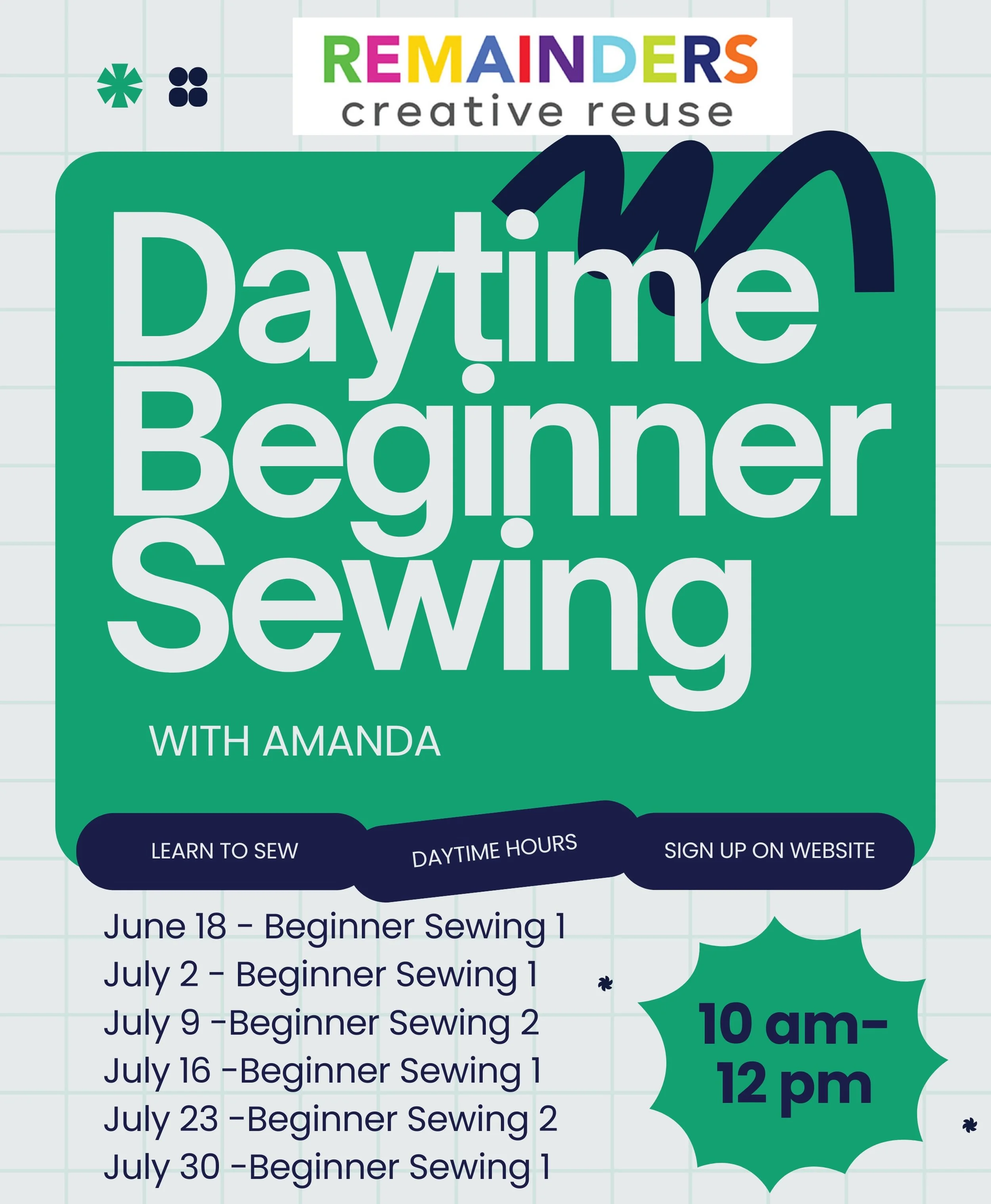 Thursday mornings in June and July 
10am Beginner Sewing classes with @amandathemaker 

Sign up on the website, link in bio