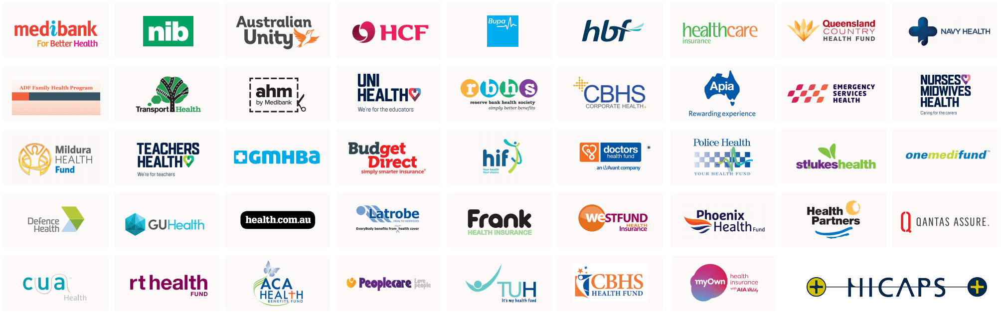 Collection of logos of various Australian health insurance providers and funds, including Medibank, NIB, Australian Unity, HCF, Bupa, HBF, Health Care Insurance, Queensland Country Health Fund, Navy Health, ADF Family Health Program, Transport Health, ahm, UniHealth, Reserve Bank Health Society, CBHS, Apia, Emergency Services Health, Nurses Midwives Health, Mildura Health Fund, Teachers Health, GMI Health, Budget Direct, HIF, Doctors Health Fund, Police Health, St. Luke's Health, One MediFund, Defence Health, GU Health, Health.com.au, Latrobe Health Services, Frank Health Insurance, Westfund, Phoenix Health Fund, Health Partners, Qantas Assure, CUA Health, RT Health Fund, ACA Health Benefits Fund, Peoplecare, TUH, CBHS Health Fund, MyOwn Health Insurance, HICAPS.